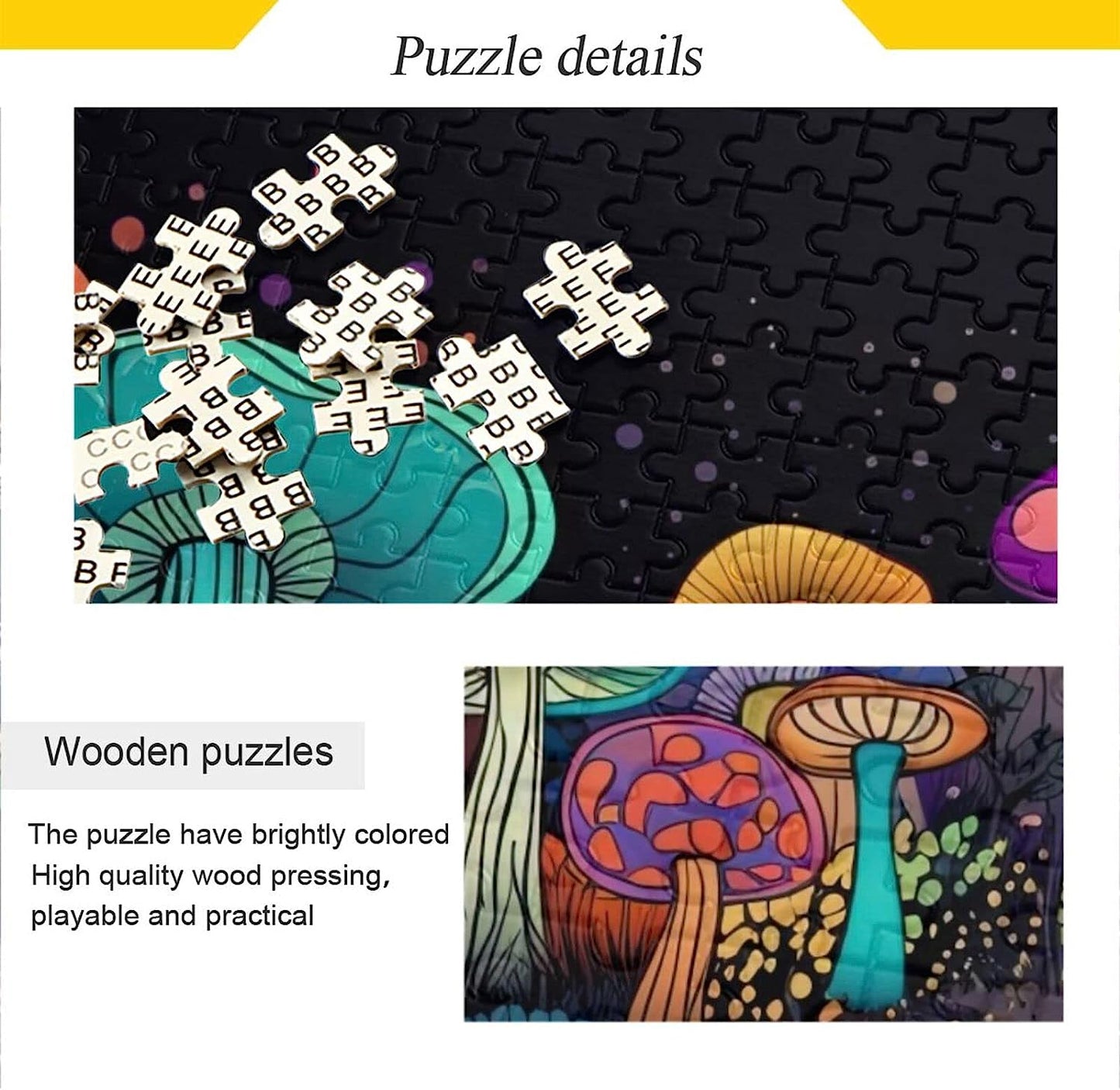 Wooden Jigsaw Puzzle 500 Pieces Dark Night Fantasy Mushroom Print, Zigsaw with Alphabet Partition Storage Bag Easy to Solve for Adults
