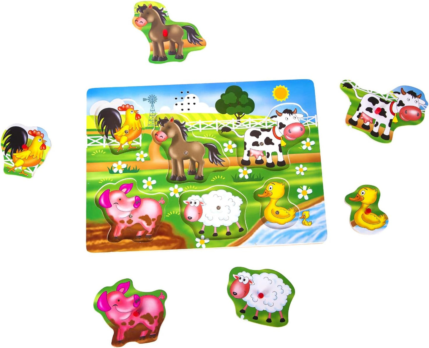 Farm Animals Sound Puzzle, Wooden Peg Puzzles with Sound for Toddlers and Preschoolers Ages 2yrs+, Kids Educational Learning Peg Puzzles Toy Gift (6pcs)
