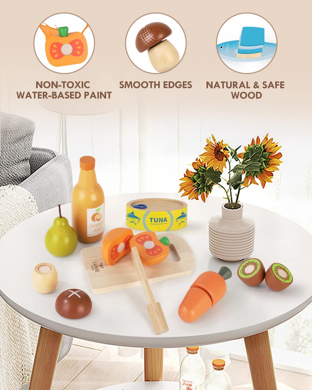 Wooden Play Food Sets for Kids Kitchen, Food Toys for Toddlers 3+ Year Old, with Shopping Bag, Pretend Food Play Kitchen Cutting Fruits Vegetables Toys, Gift for Boys Girls Educational Toys