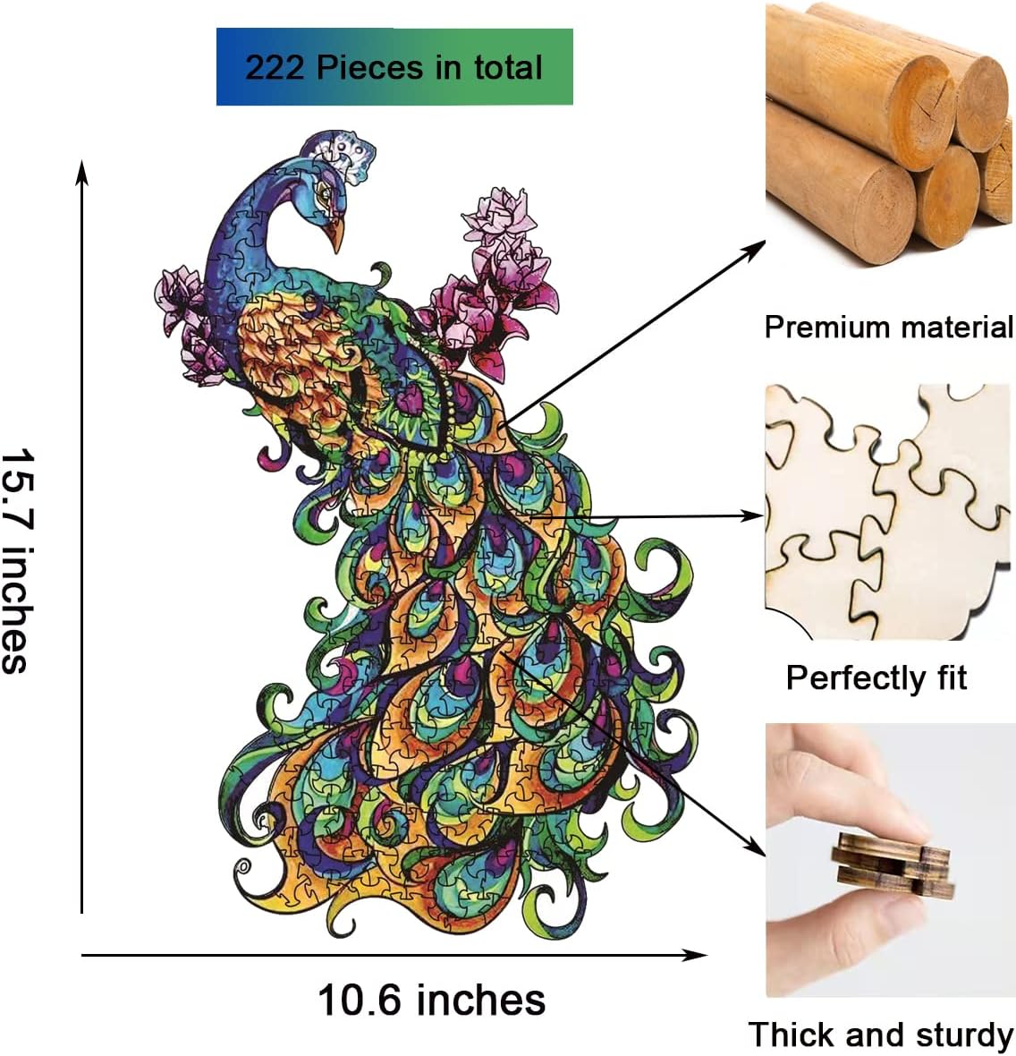 Wooden Puzzle for Adults, Unique and Irregular Wooden Jigsaw Puzzles with 222 Pieces, Sturdy Laser Cut Wood Jigsaw Puzzles, Good Families Games and Gifts (Peacock, Large Size)