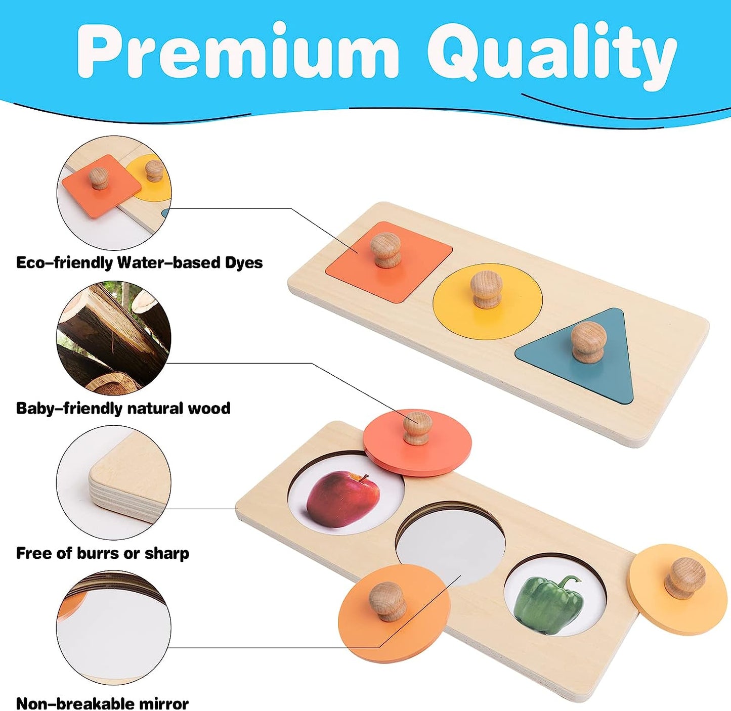 Baby Puzzles 12-18 Months - Multiple Shapes Knob Wooden Puzzles for Toddlers 1-3 - Peekaboo Photo Puzzle with Baby Mirror & 10 Real-Life Cards