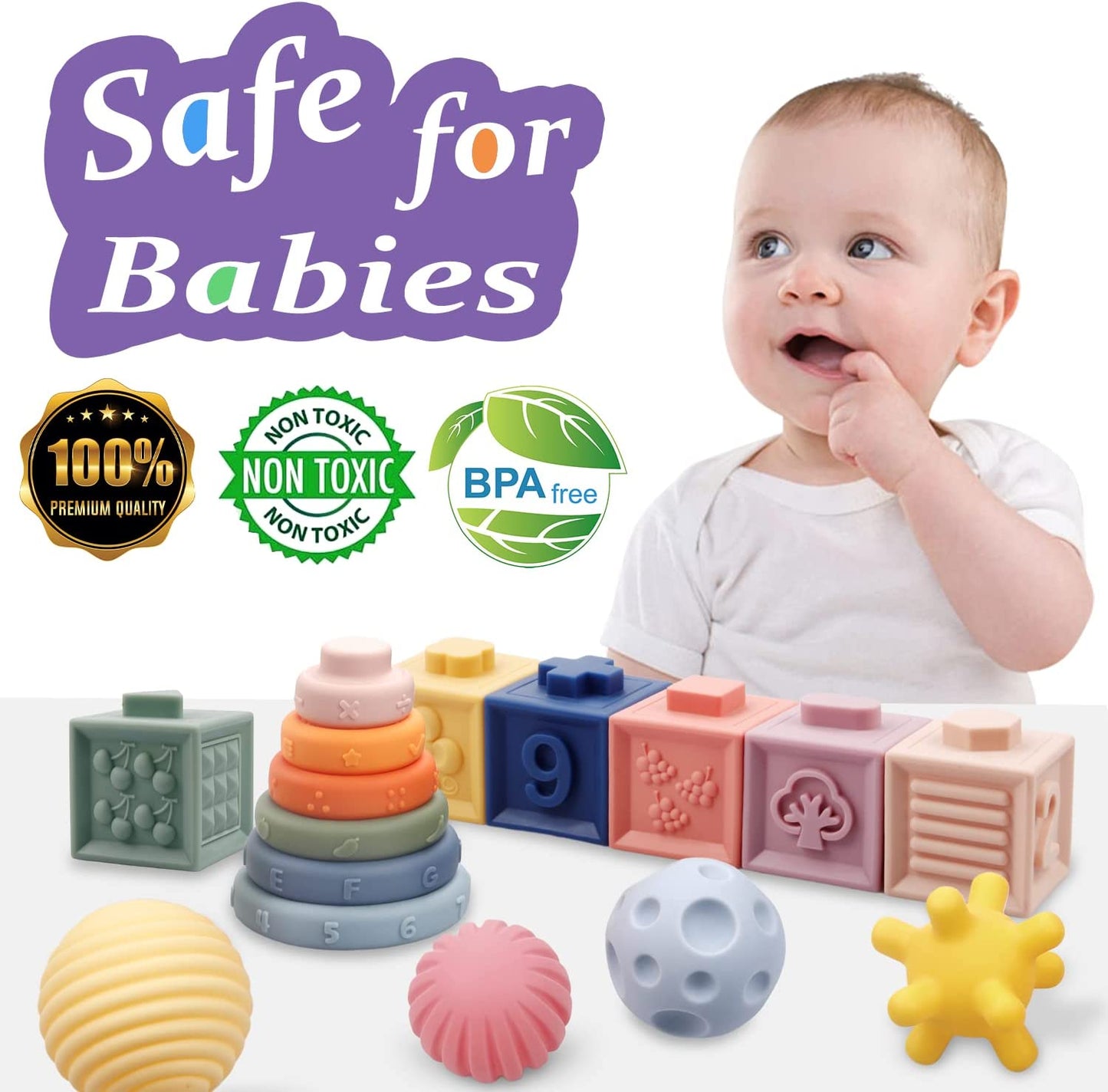 Toys for Babies,Soft Stacking Building Blocks Rings Balls Sets,3 in 1 Baby Toys Bundle,Sensory Toys for 6-12 Months, Soft Teething Toys for Babies,Baby Toys Shower Gifts for Boy Girl