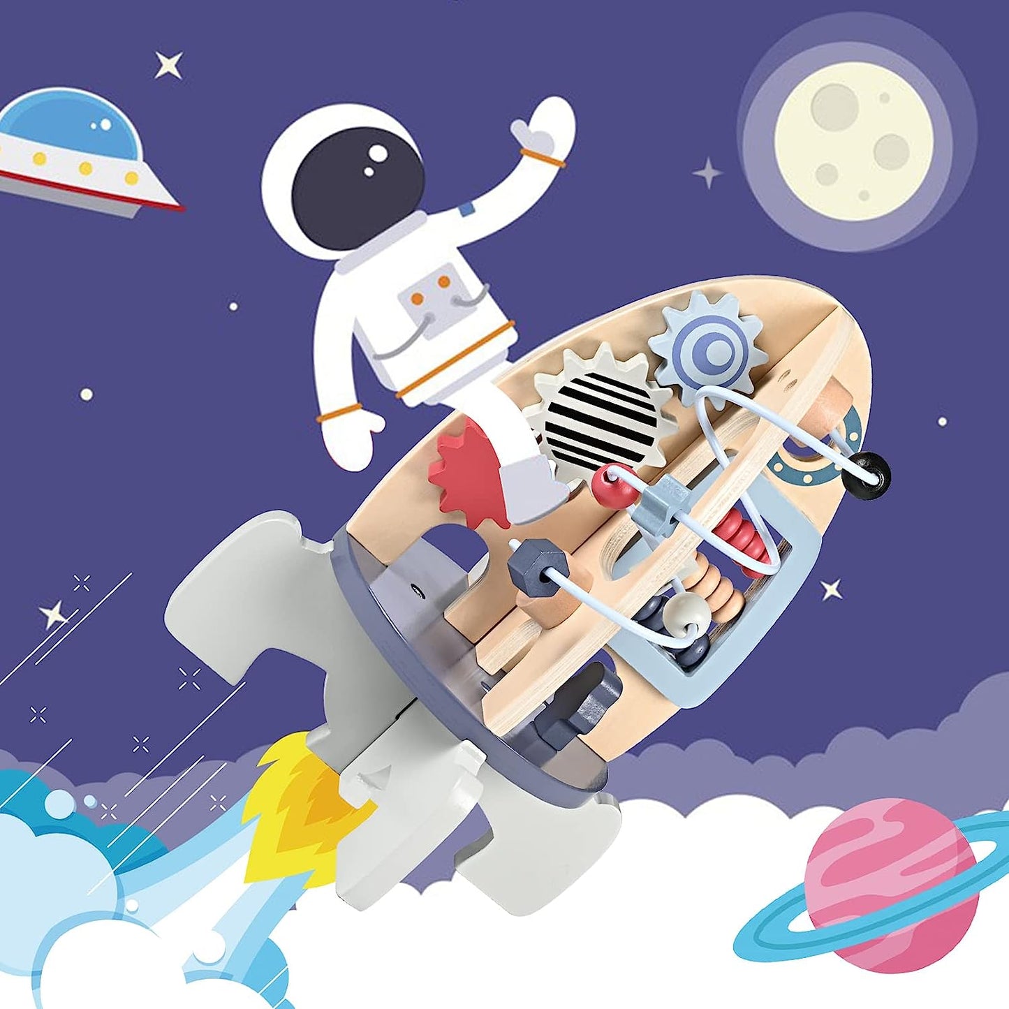 Wooden Toys Activity Cube, Space Themed Toys for Toddlers 1-3, Baby Toy Rocket Cube, Bead Maze, STEM Developmental Birthday Gifts for 1 Year Old Boy and Girl