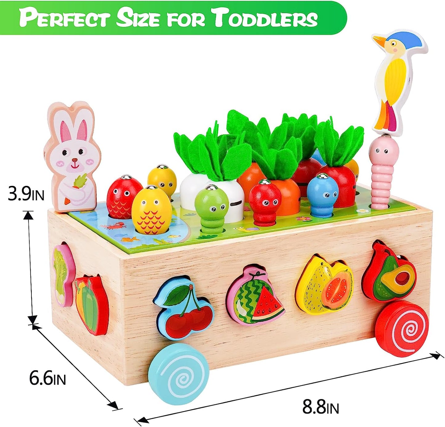 8-in-1 Toddlers Wooden Educational Toys for Baby Boy Girl 1 2 3 Year Old, Shape Sorting Toys Gifts for Kids 2-4, Preschool Learning Fine Motor Skills Game Carrot Harvest Game Toys for 1-3