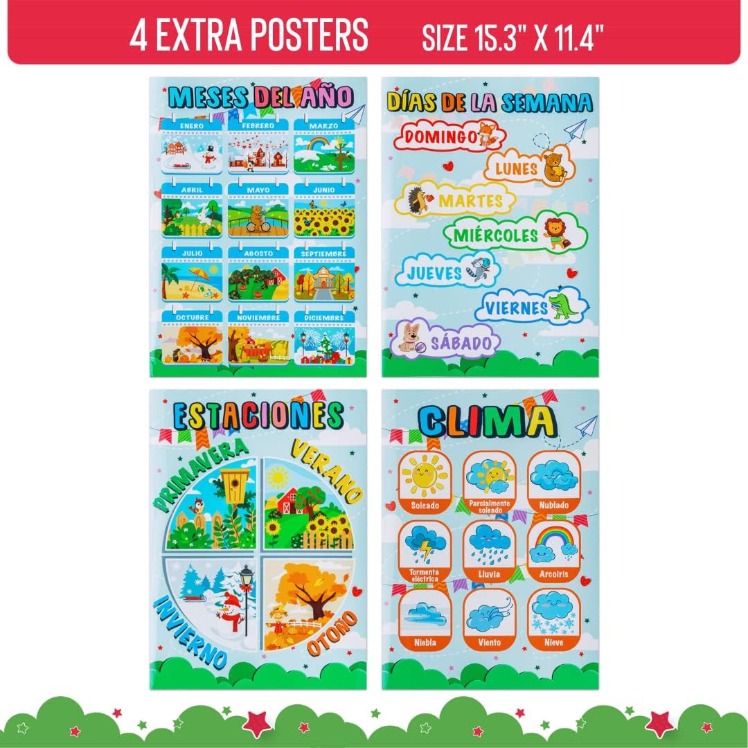 Spanish Calendar and Weather Pocket Chart - Includes 4 Exclusive Posters & 142 Cards - Kids Calendar for Classroom and Homeschooling - Calendario Para Niños by