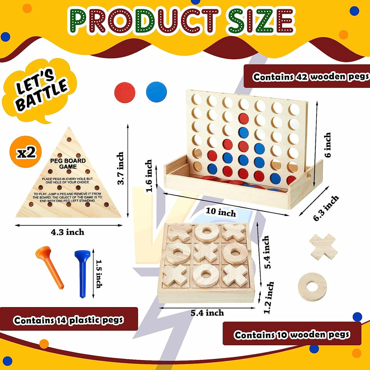 Tic Tac Toe, 4 in a Row Tables Game and Wooden Triangle Peg Games Set, Board Line up 4 Game, Triangle Wooden Board Game, Chris as Favors for Kid Adult Strategy Wood Board Games
