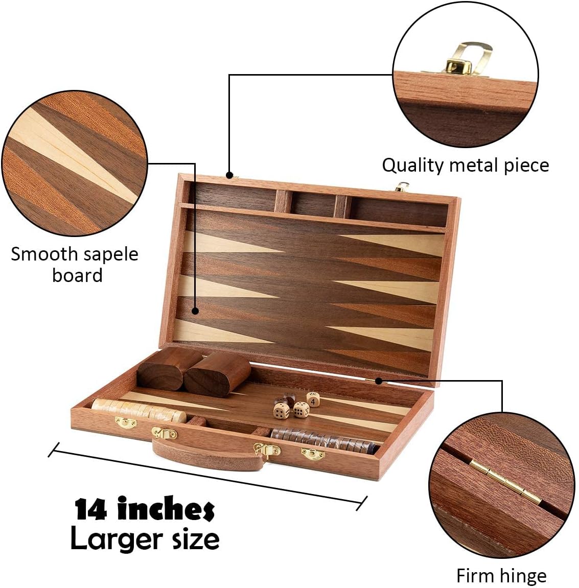 Sapele Wood Backgammon Board Game Set (15 Inches) for Adults and Kids - Classic Board Strategy Game - Portable and Travel Backgammon Set with Wooden Playing Pieces and Accessories