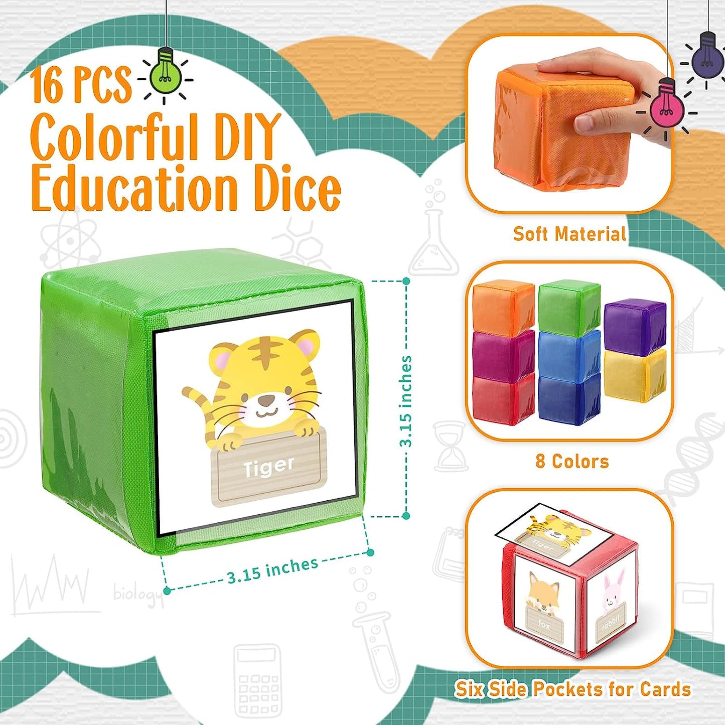 16 Pcs 3.15 Inch DIY Education Dices Foam Building Blocks for Toddler Kids Soft Clear Pockets Dices Playing Game Learning Stacking Cube Toys for Classroom Infant Early Education Teaching