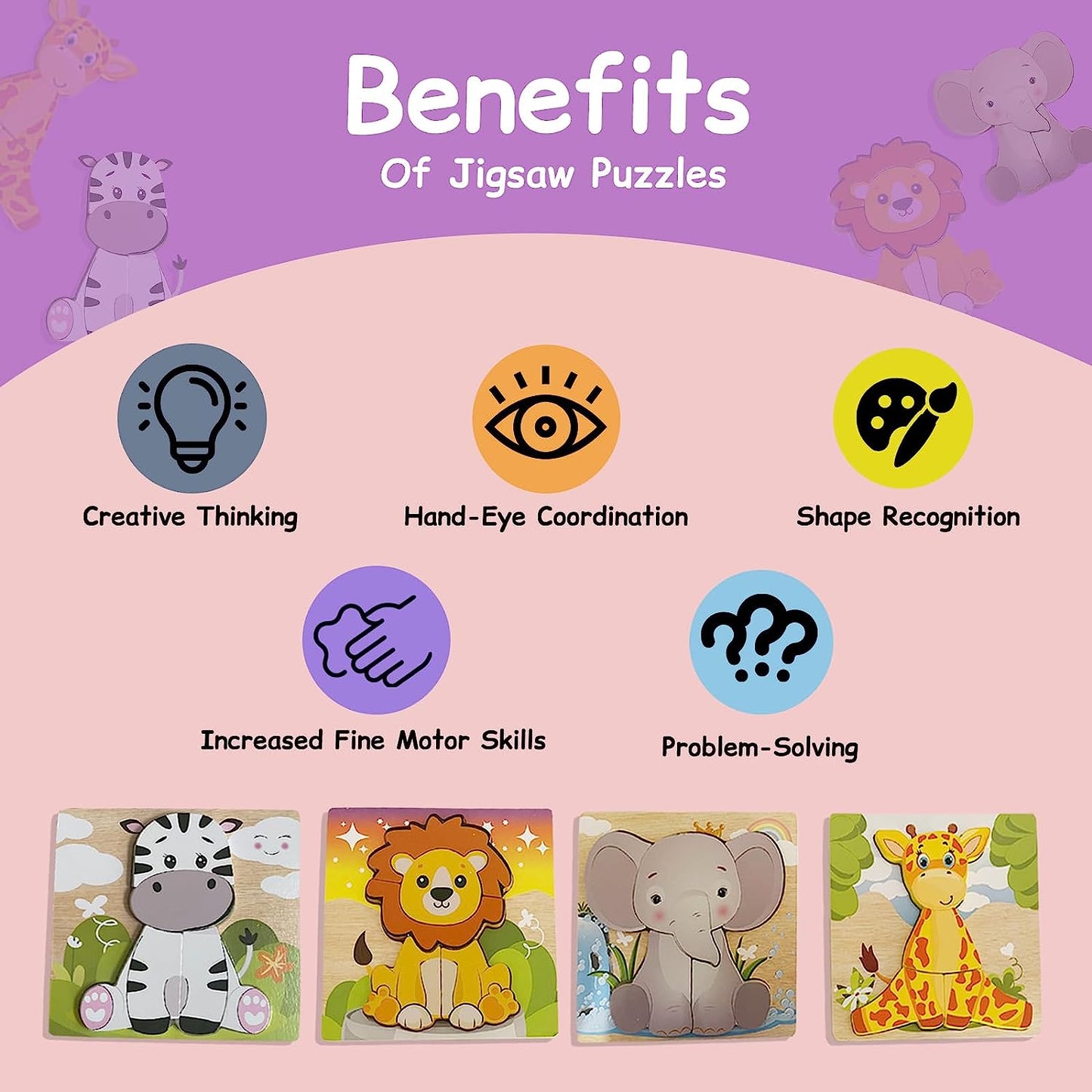 Wooden Animal Jigsaw Puzzles for Toddlers - Baby Puzzles for Toddler Girls & Boys, 1 2 3 Years Old - Fun, Colorful Safari Designs with Large Pieces -Educational Toys Gift - Set of 4