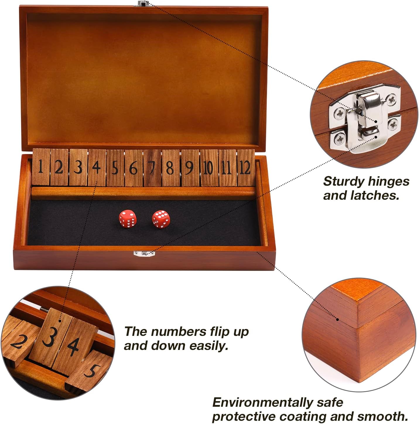 Shut The Box Dice Game with 12 Numbers and Lid, Wooden Classic Board Game with - 4 Dice - Gift Package - Shut-The-Box Game Rules, Close The Box Gam for Kids Adults, Family Classroom, Home & Pub