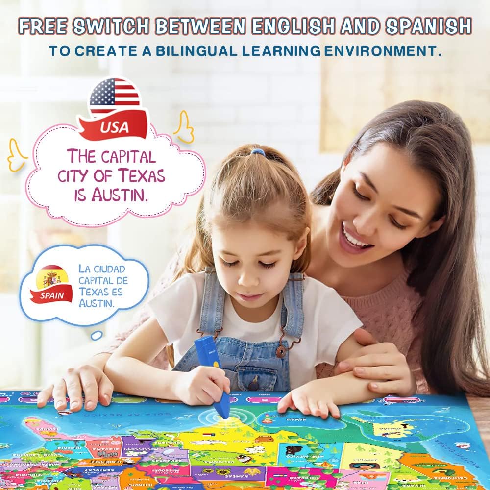 Bilingual Interactive Map for Kids Talking USA Map for Kids Learning Geography Toys Games Ages 3 to 12 Educational Electronic USA Map i-Poster Gift for 4 5 6 7 8 9 10 Year Old Girls Boys