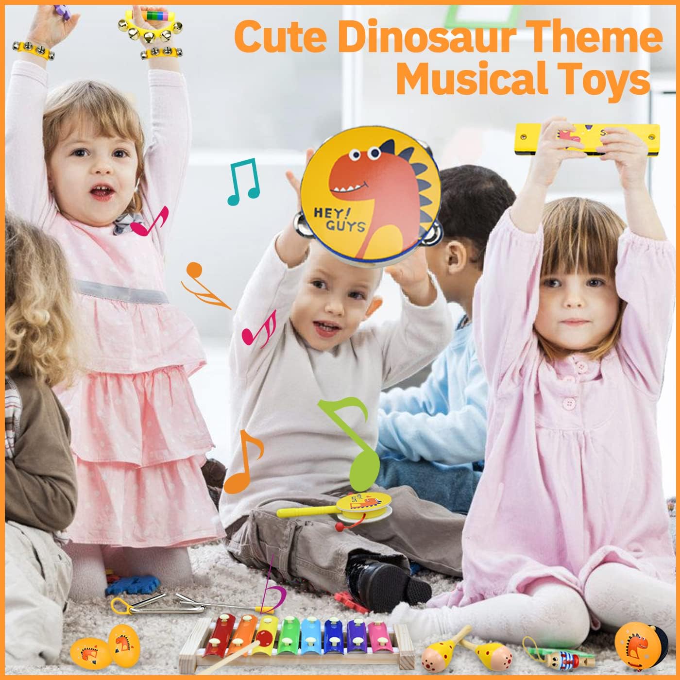 Kids Musical Instruments, Dinosaur Wooden Musical Toys for Toddlers 1-3 with Shakers Percussion Instruments Tambourine Xylophone, Early Learning Baby Musical Toys for Boys and Girls Gifts