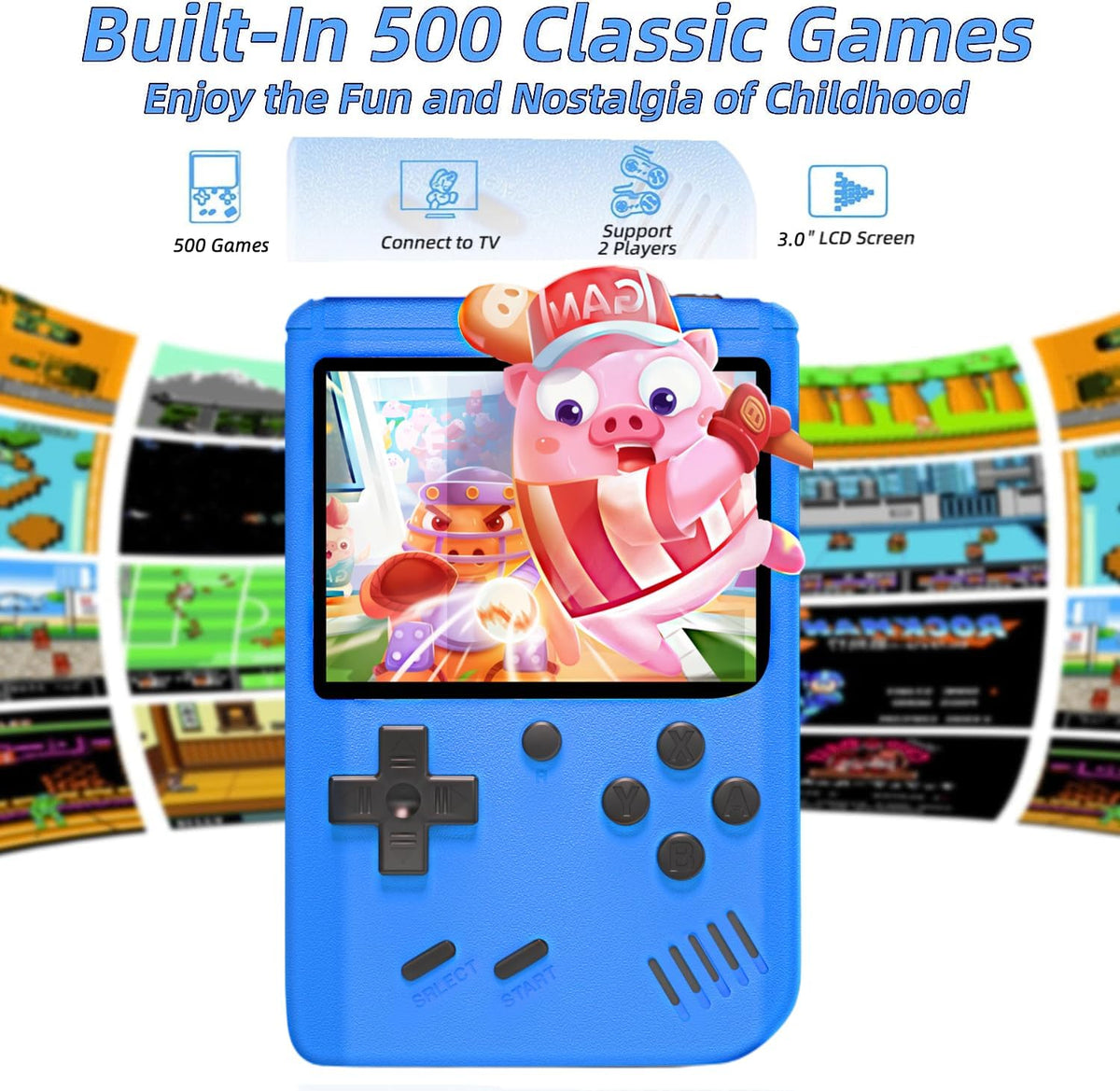 Retro Handheld Game Console, Mini Retro Game Console with 500 Preloaded Classic Games, Portable Handheld Games for Kids Adults, 3.0-Inch Screen, 1200mah Rechargeable Battery, Support Tv & 2 Players
