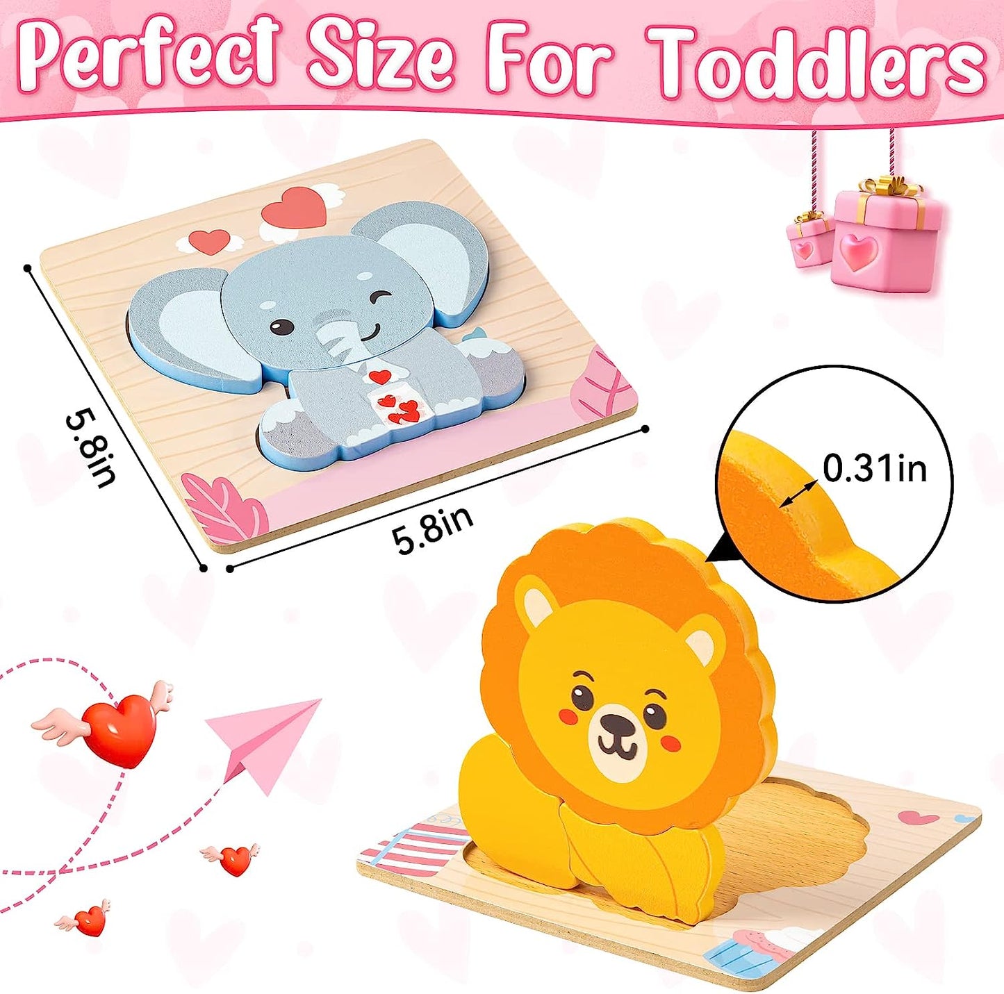 Valentines Toys Gifts for Kids Toddlers - 4 Pack Wooden Puzzles with Animals Design, Valentine Party Favors for Boys Girls, Kids Classroom Exchange Gifts - Educational Preschool Toys