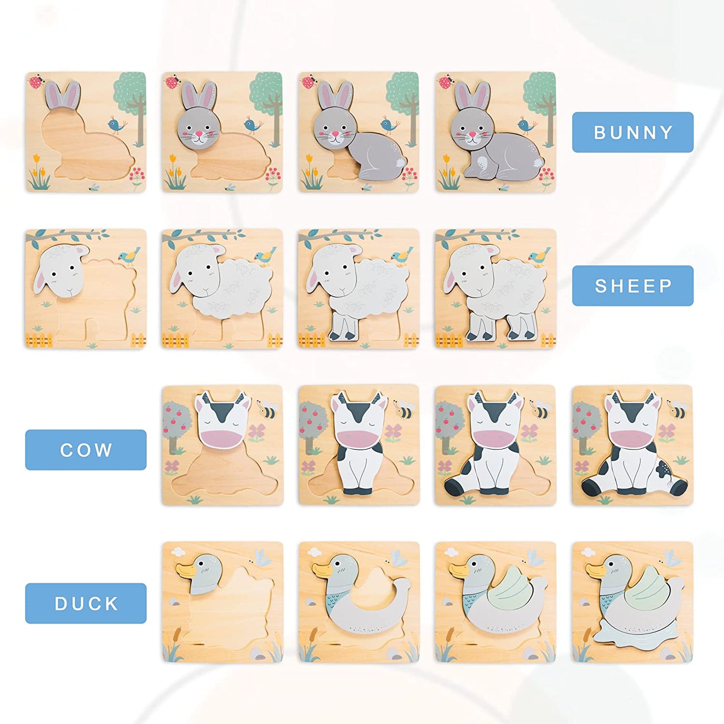 4 pk Animal Shape Wooden Puzzles Set for Toddlers Early Brain Development Learning, Toddler 1 2 3 4 Years Old, STEM Educational Birthday Gift Toy