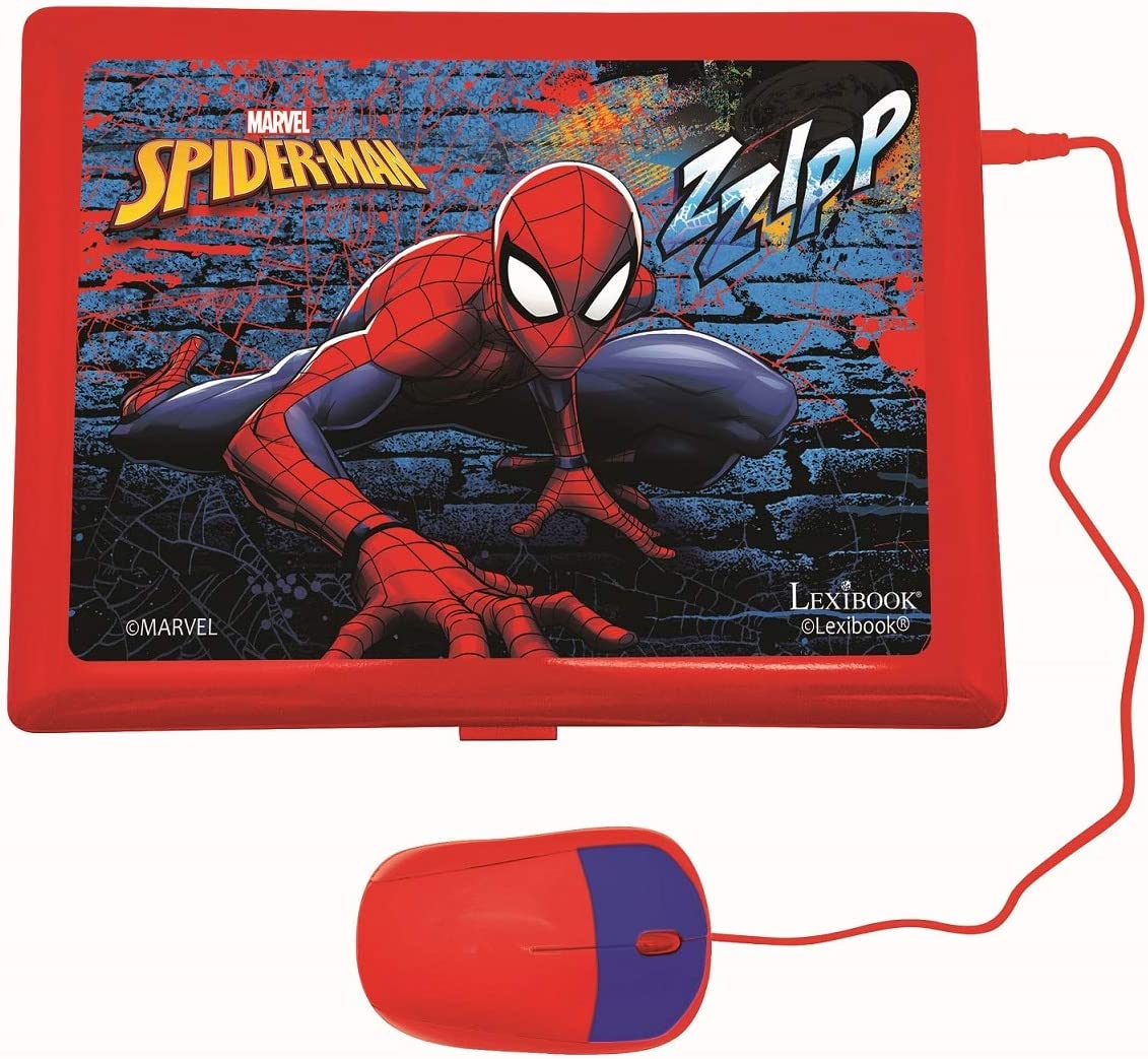 JC598SPi4 Spiderman-Educational and Bilingual Laptop Portuguese/English-Girls Toy with 124 Activities to Learn, Play Games and Music with Elsa & Anna-Blue/Red