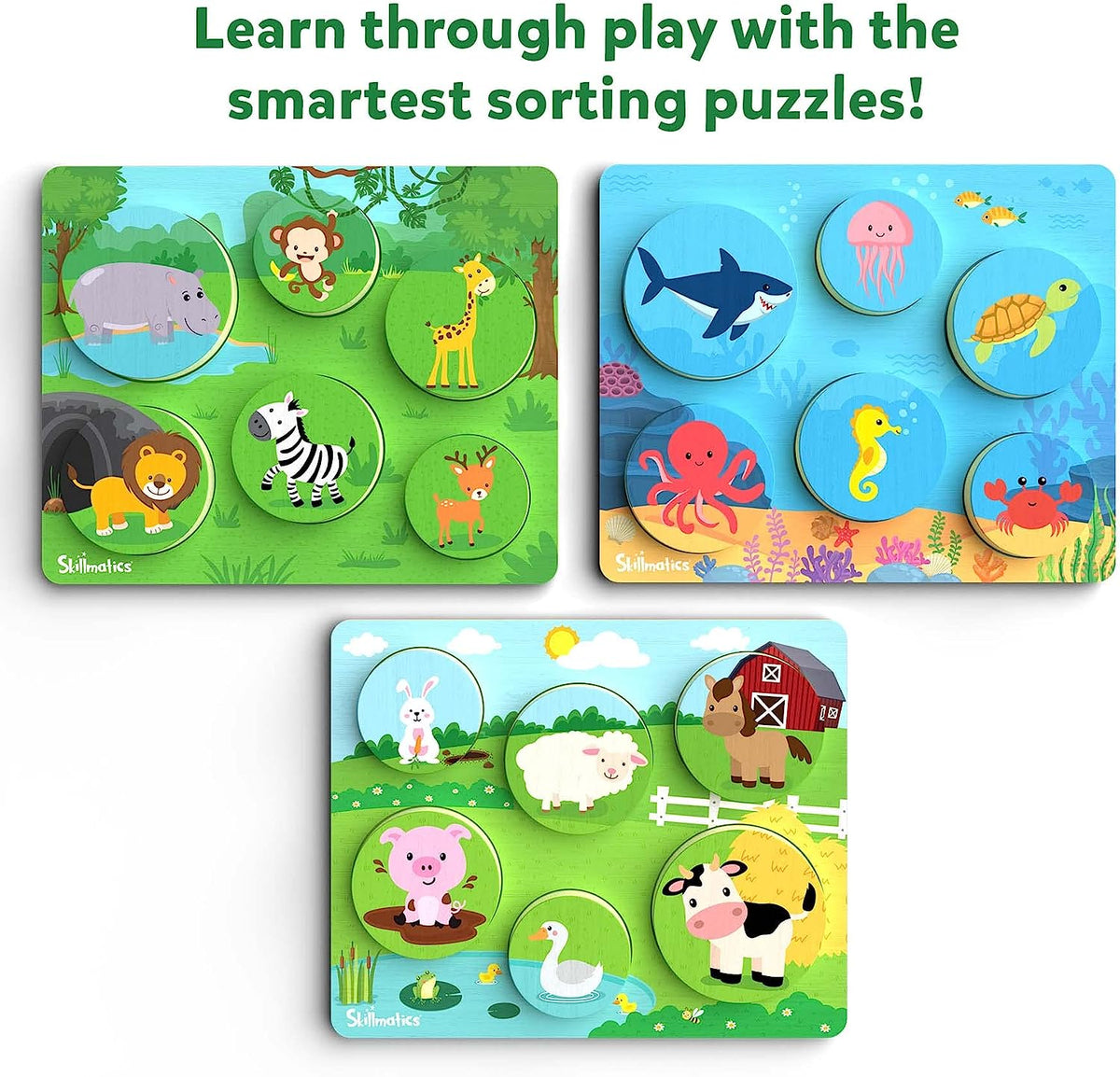 Wooden Sorting Puzzles - 3 in 1 Learning Toy, Animal Puzzles for Toddlers, Gifts for Ages 2 to 5