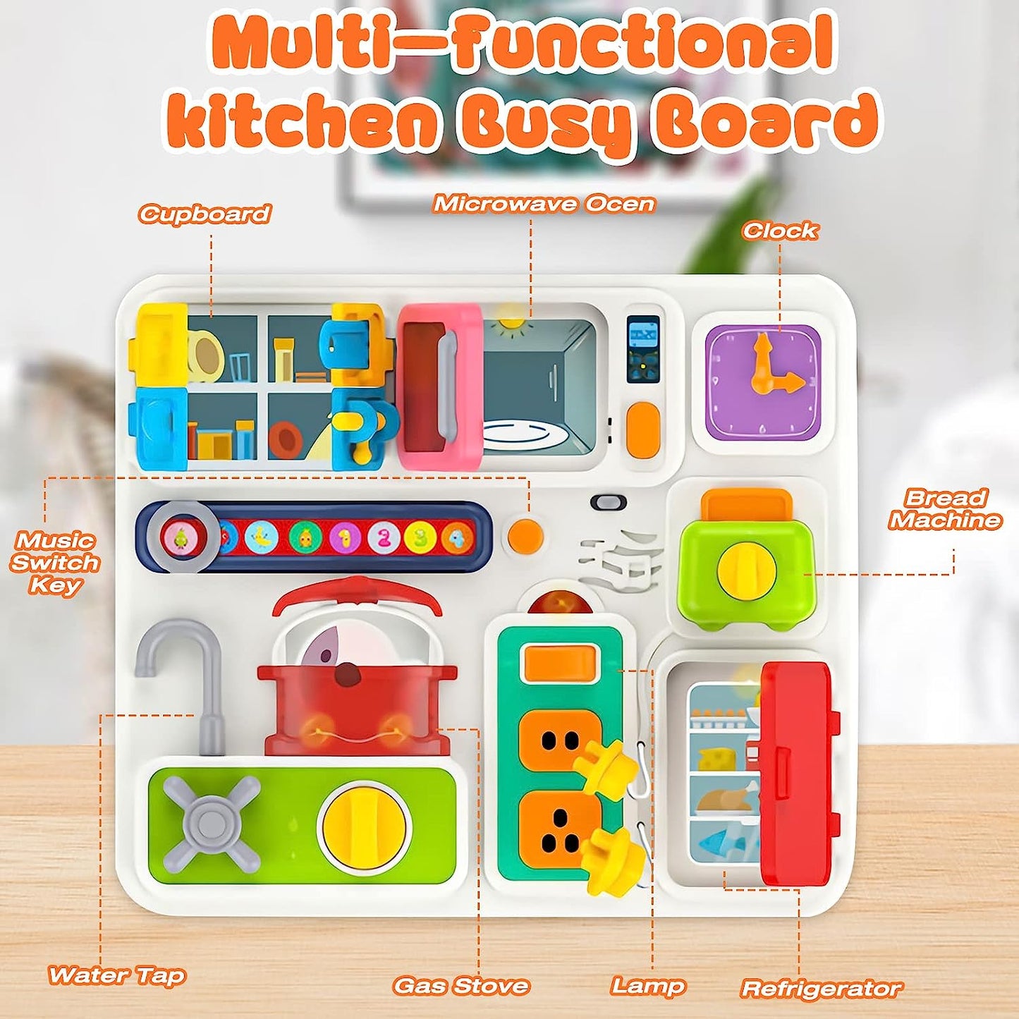 Kitchen Busy Board with Music and Lights, Toddler Travel Toys for Babies 18+ Months, Busy Board Educational Learning Activities Fine Motor Skills & Kitchen Cognition Game Board