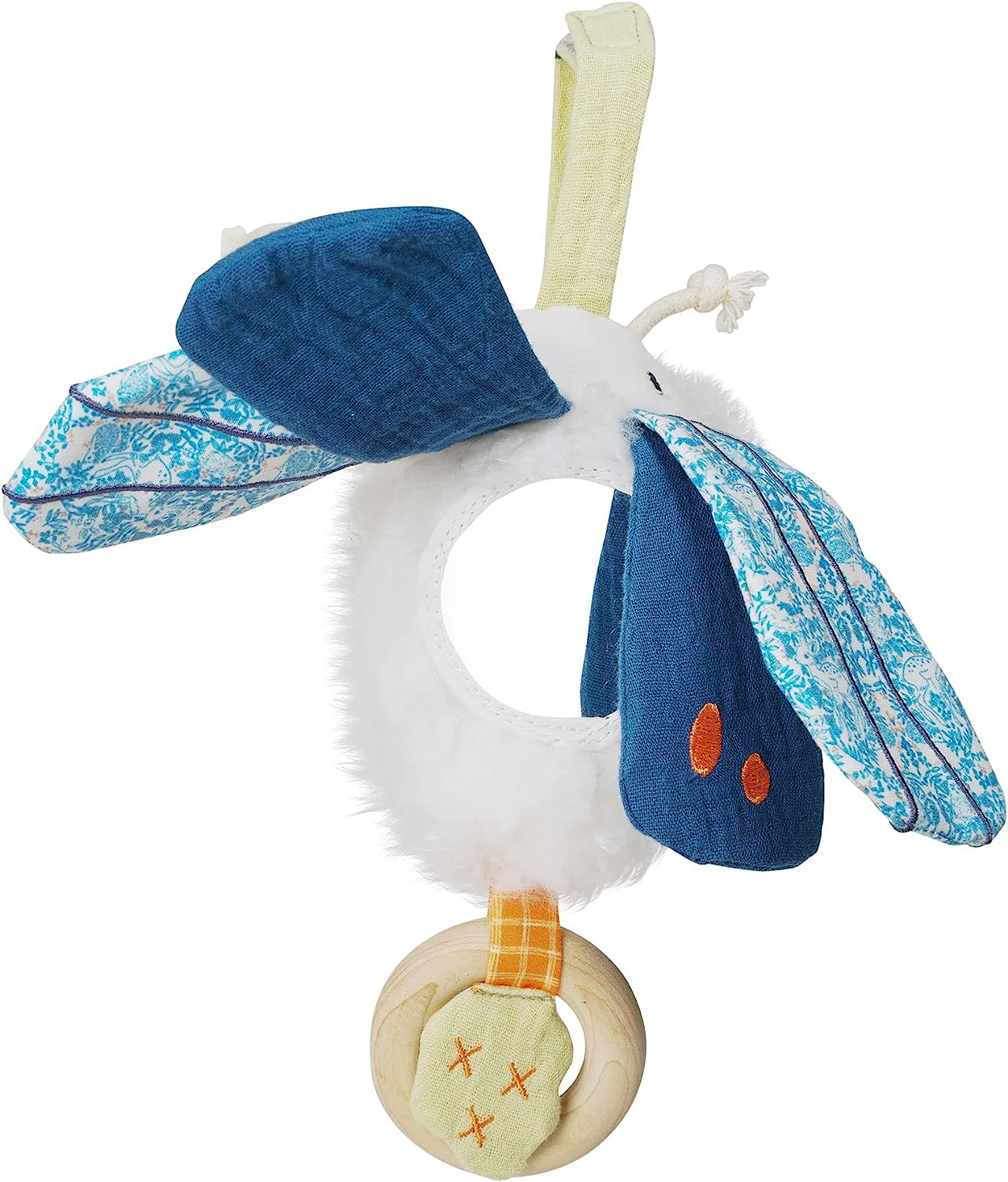 Folklore Plush Luna Moth Soft Tactile Baby Travel Toy with Crinkle Fabric Wings, Baby Mirror and Wooden Teether Ring