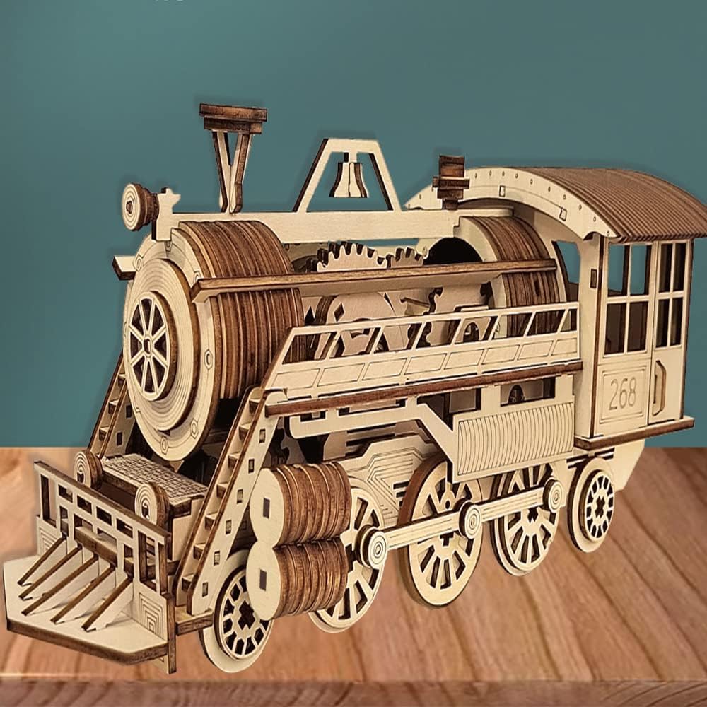 Wooden Three-Dimensional Puzzle Mechanical Transmission Steam Train Hand Assembled Toys Novel Creative Gift