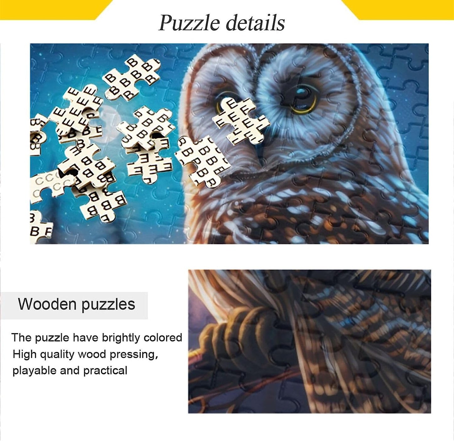 Wooden Jigsaw Puzzle 500 Pieces Night Forest Owl Print, Zigsaw with Alphabet Partition Storage Bag Easy to Solve for Adults