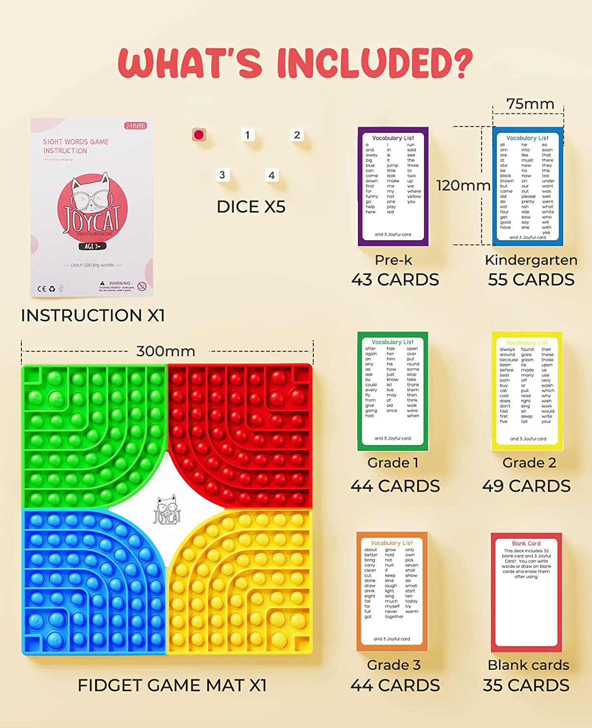 Sight Words Game-Popping Mats&Dice,Learn to Read 220 Dolch Sight Words Flash Cards Curriculum-Appropriate for Kids Pre K,Kindergarten,Grade 1 2 3,Educational Games for Homeschool,Classroom