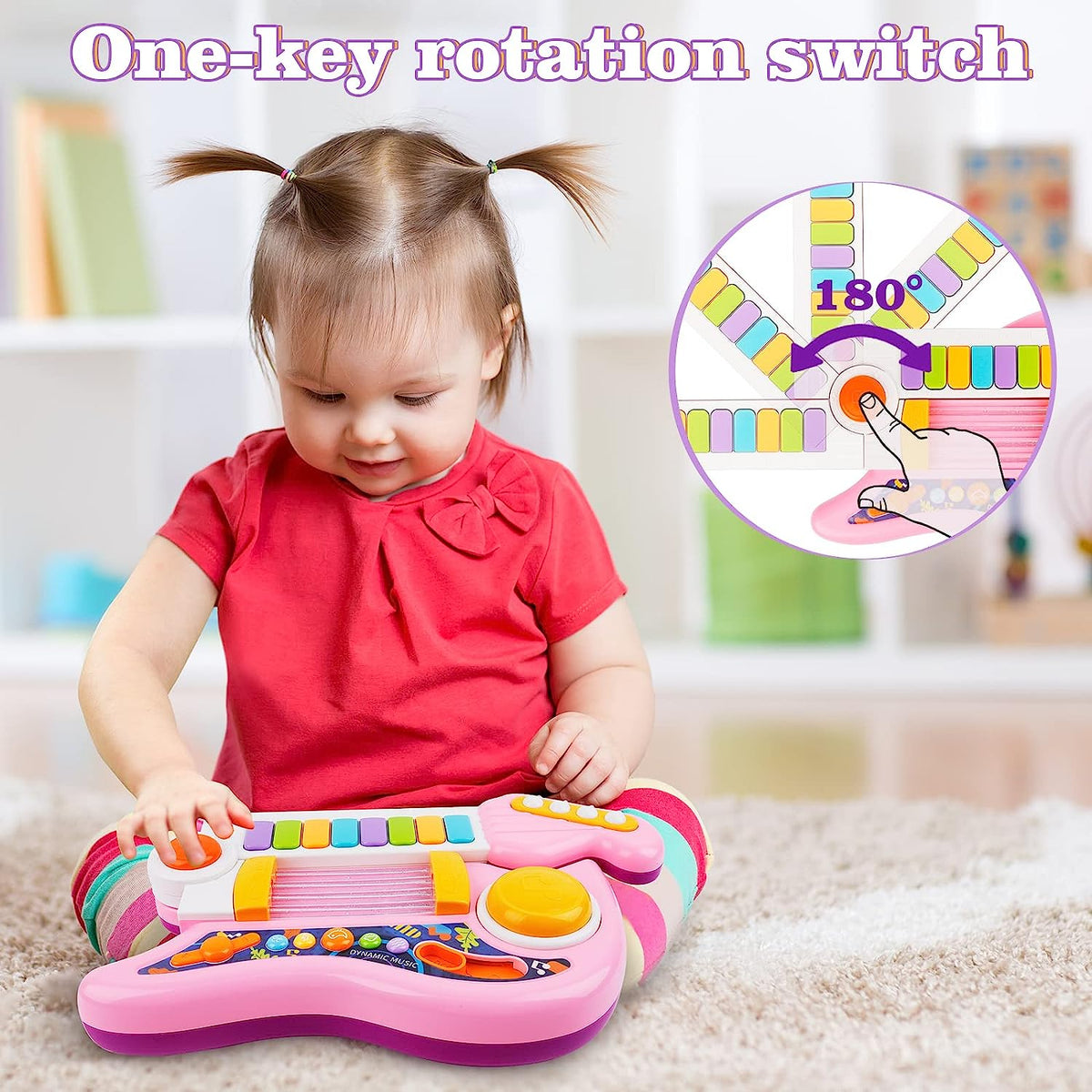 Kids Guitar for Girls Boys, Musical Guitar Toys with Guitar & Piano Mode, Multifunctional Musical Instrument Guitar with Lights and Touch Sensor for Toddlers Gift-Pink (9116)