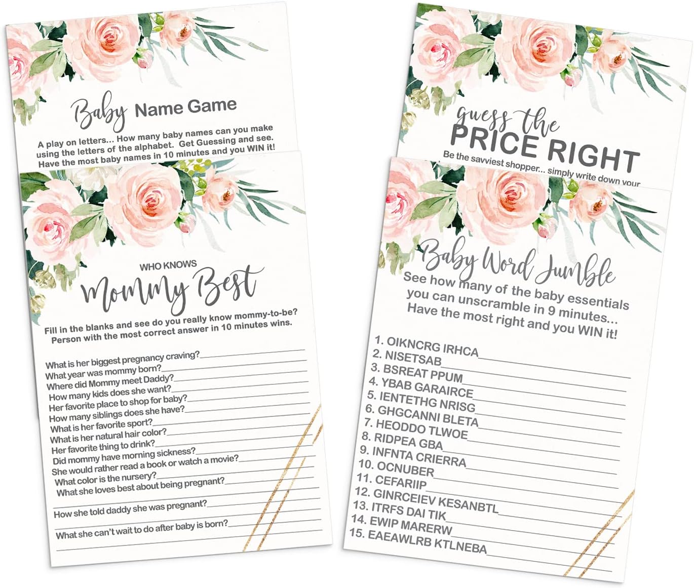 Graceful Floral Baby Shower Games for Girls 4 Games Double-sided Guess the Price Right, Who Knows Mommy Best, Word Scramble and Baby Name Alphabet Games, Rustic Pink and Gold 25 Guest Pack