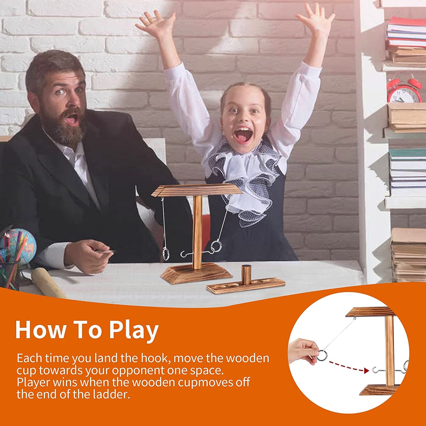 Large Ring Toss Game for Adults Kids, Hook and Ring Toss Game with Shot Leader, 2 Player Handmade Wooden Ring Swing Hook Game Fast-Paced Interactive Game for Home Outdoor