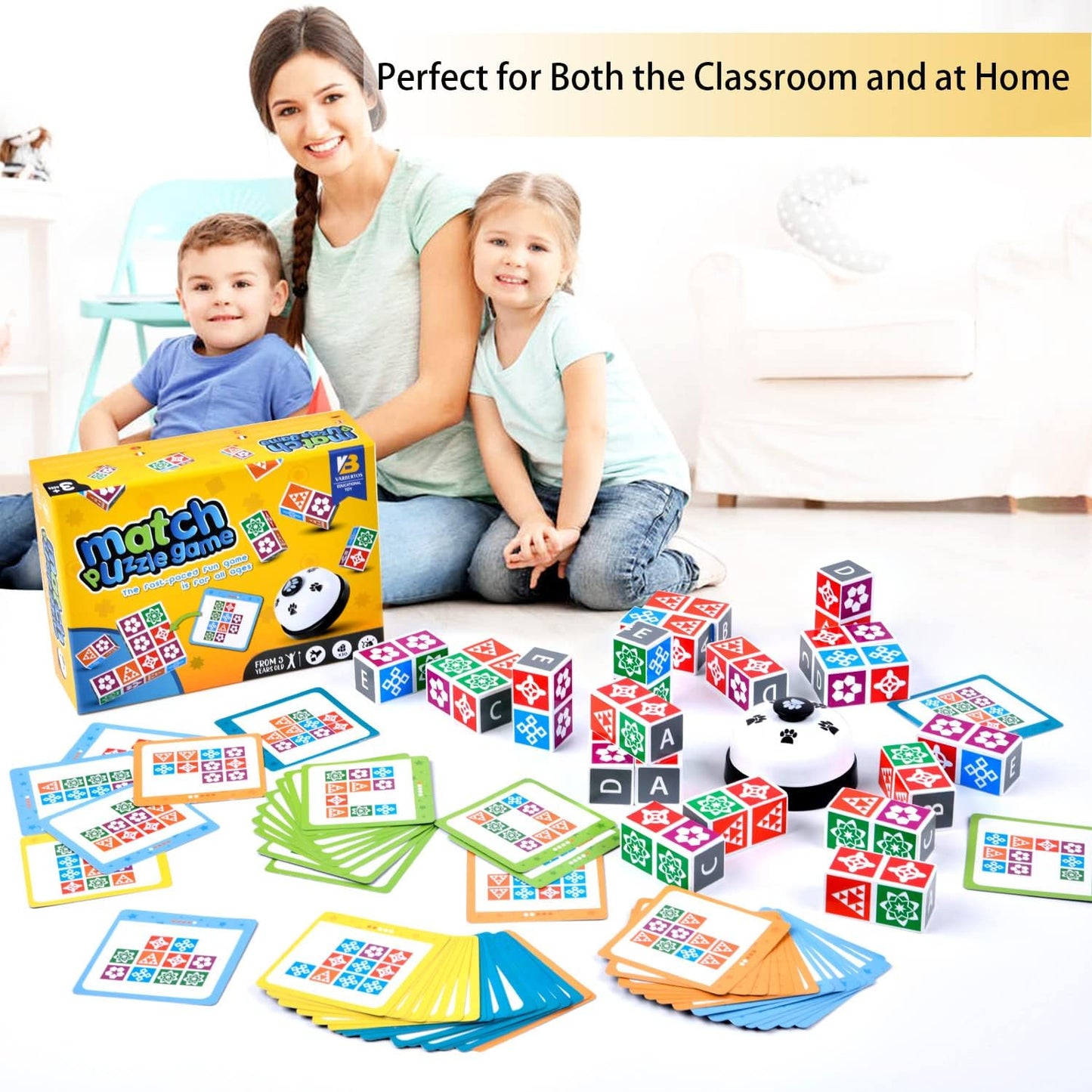 Wooden Matching Game Puzzle 2.0 Games, Pattern Block Match Puzzles Building Cubes with Bell for Kids and Adults Toys Board Games for Family Night