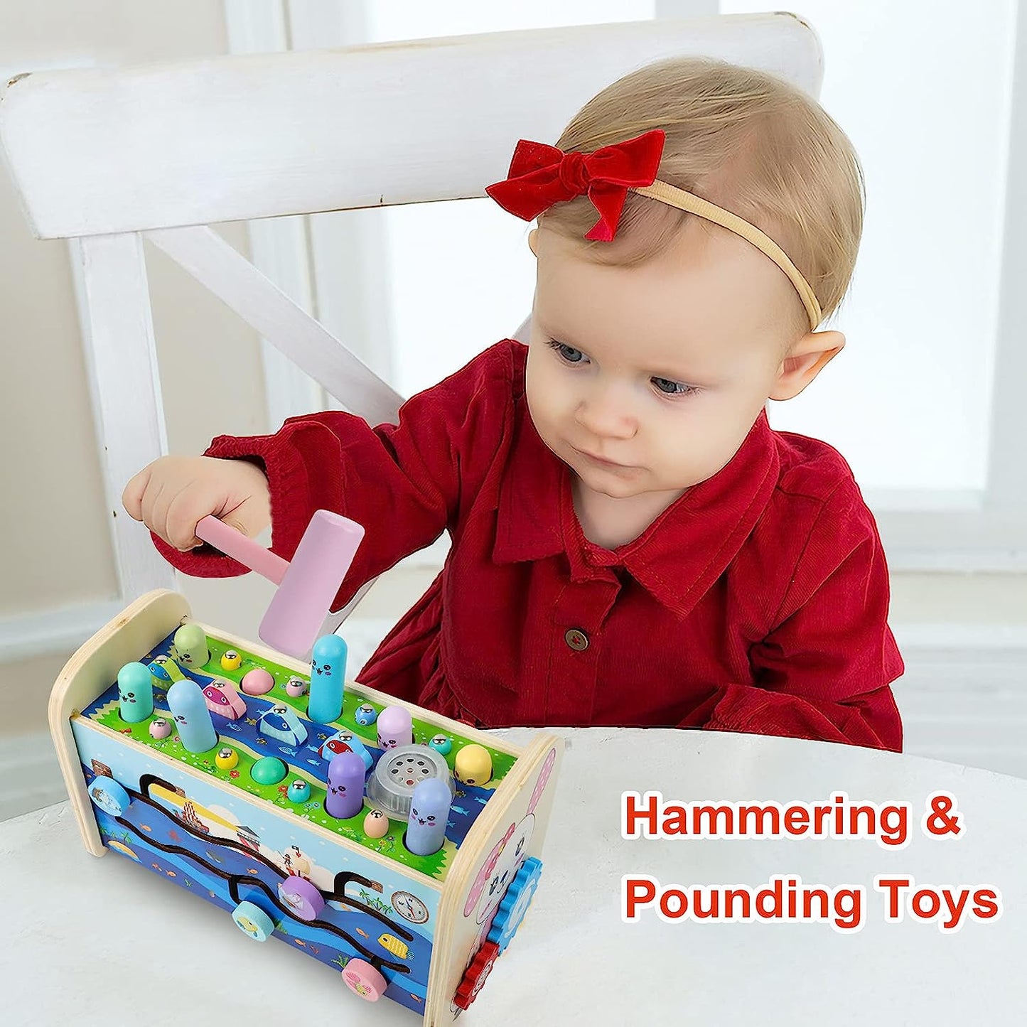 Wooden Pounding Bench ,8-in-1 Wooden Musical Hammer Toy with Xylophone , Learning Toys with Wooden Hammer ,Wooden Activity Cubes,Music Education Puzzle Games Toys for Toddlers 1-3