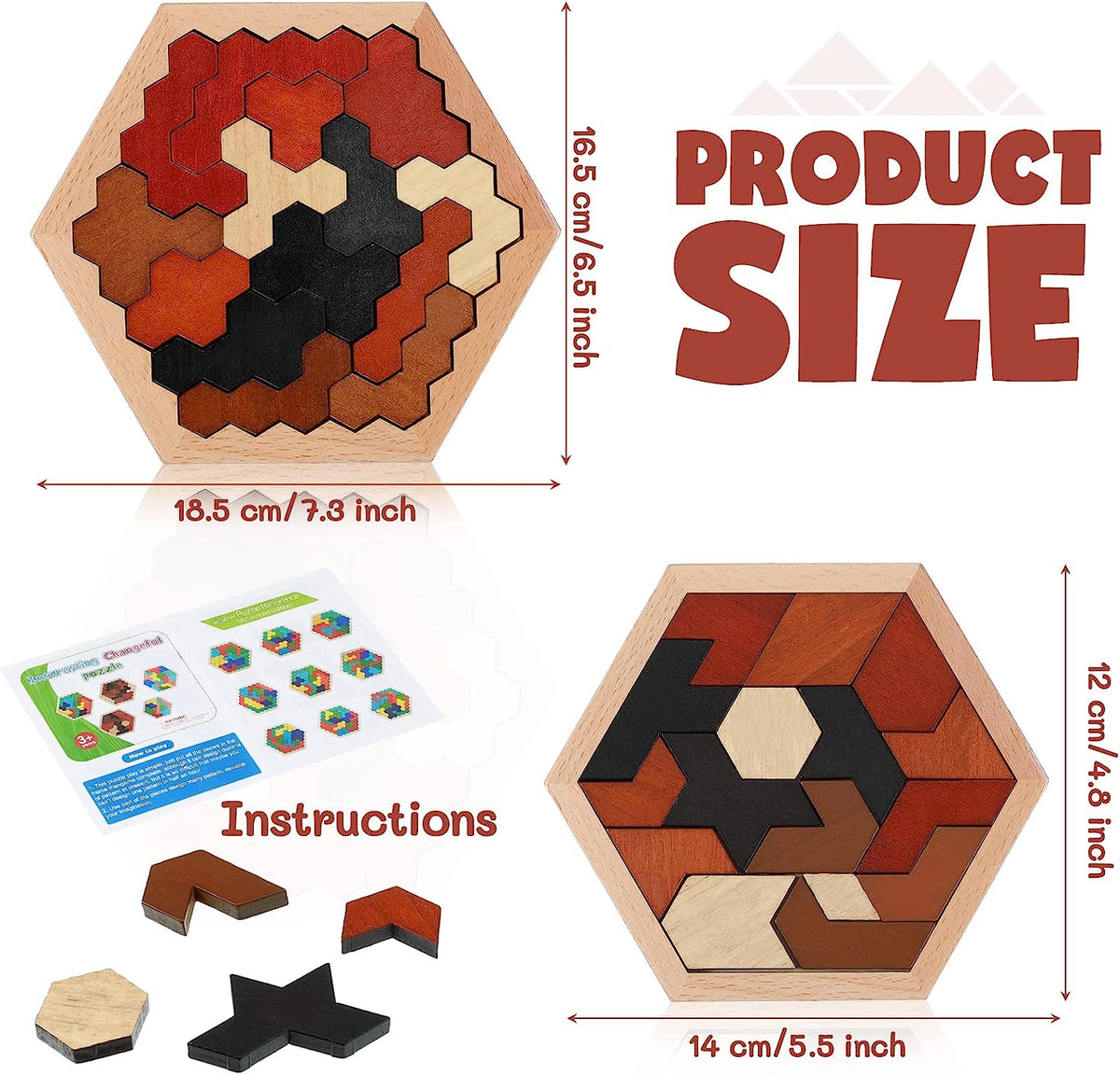 3 Pack Hexagon Wooden Puzzle Wood Russian Blocks Tangram Puzzle Brain Teaser Puzzles Geometric Jigsaw Block Russian Blocks Logic IQ STEM Toy for All Ages Kid Adult Intelligence (Vintage)