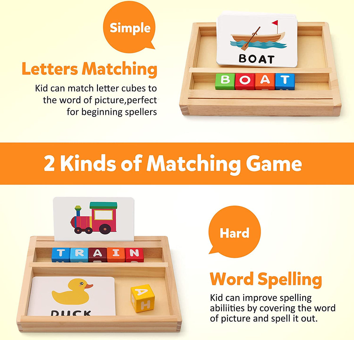 Wooden Blocks Spelling Game, Color Alphabet Letters Matching Flash Cards ABC Cubes Sight Words Learning Educational Puzzle Gift for Preschool Kids Boys Girls Age 3 4 5 Years Old