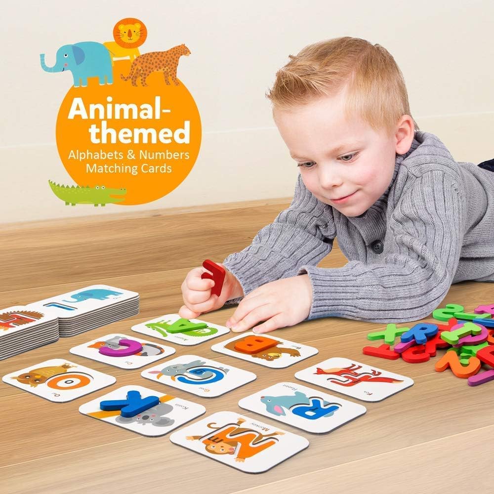 Numbers and Alphabets Flash Cards Set - ABC Wooden Letters and Numbers Animal Pattern Board Matching Puzzle Game Educational Learning Toys Gift for Preschool Kids Age 3 4 5 Years