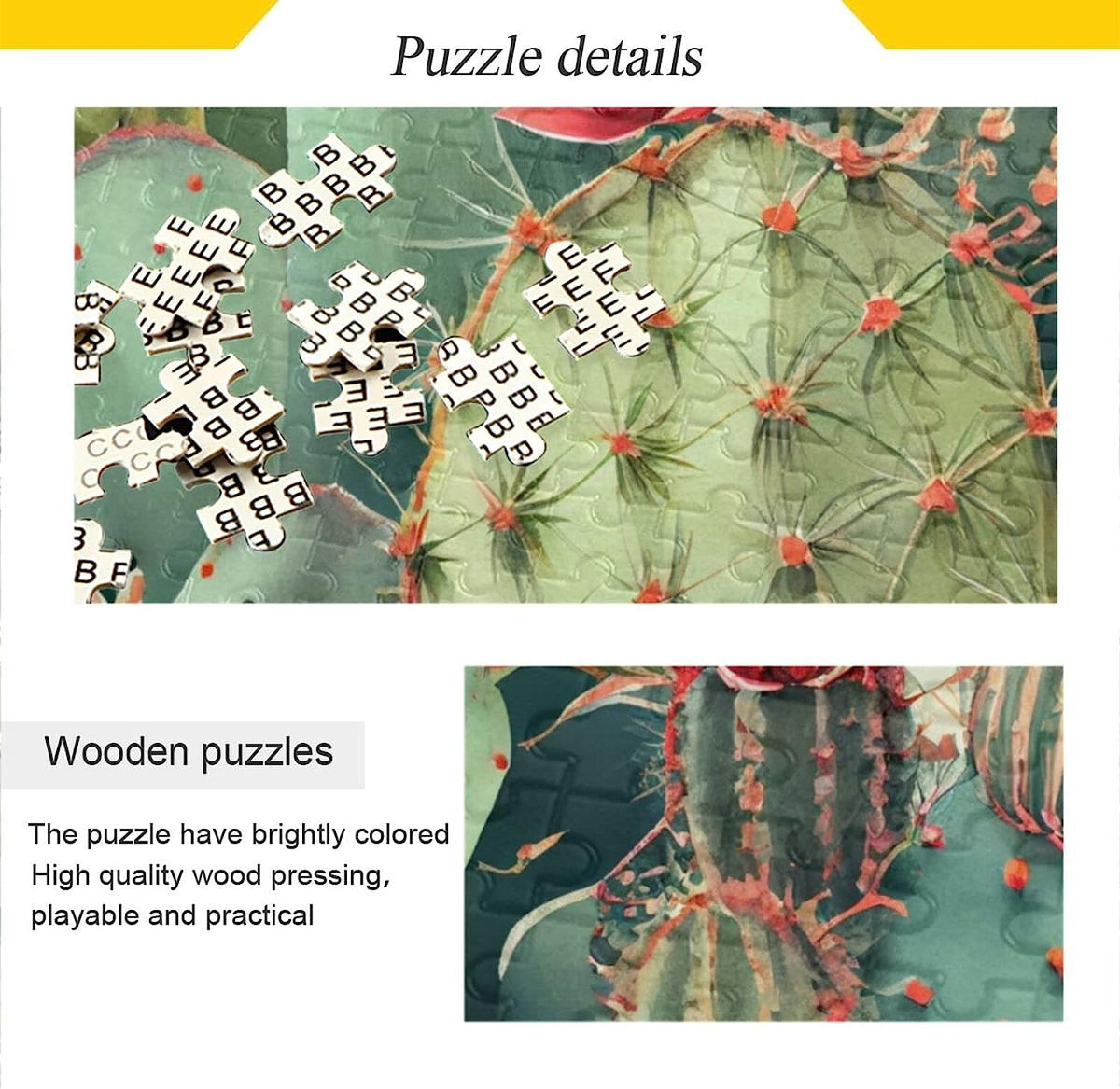Wooden Jigsaw Puzzle 1000 Pieces Vintage Cactus Print, Zigsaw with Alphabet Partition Storage Bag Easy to Solve for Adults