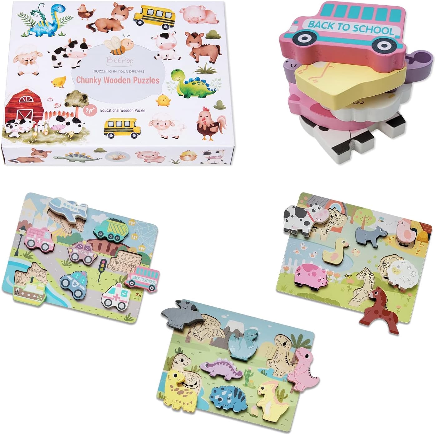 Toddler Puzzles for Kids Ages 3-5, Pack of 3 Wooden Jigsaw Kid Puzzles Educational Toys for 2+ Year Old Girls and Boys