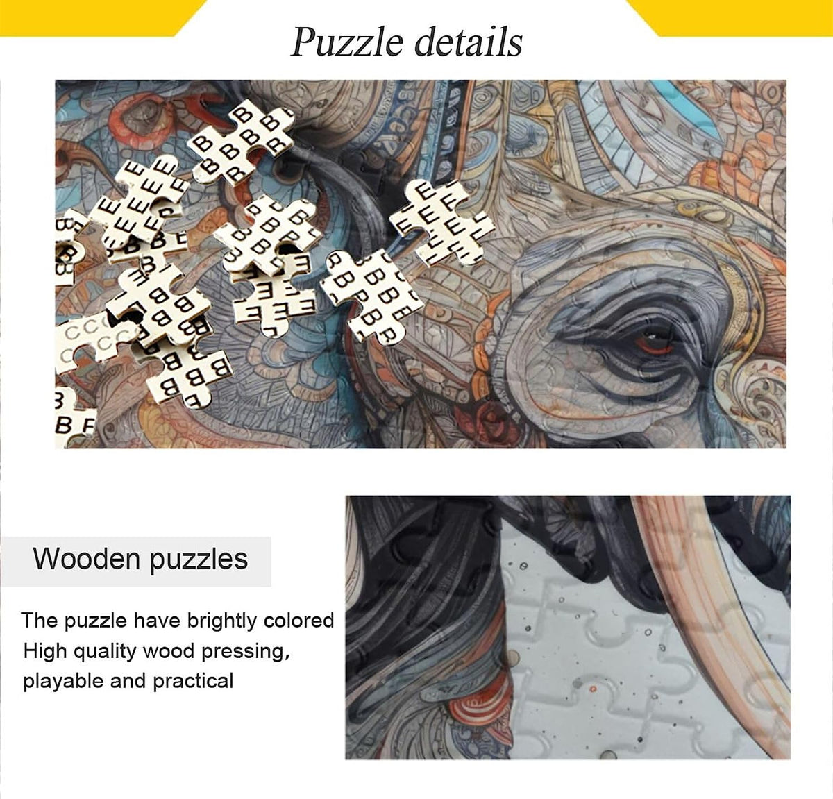 Wooden Jigsaw Puzzle 1000 Pieces Totem Elephant Print, Zigsaw with Alphabet Partition Storage Bag Easy to Solve for Adults