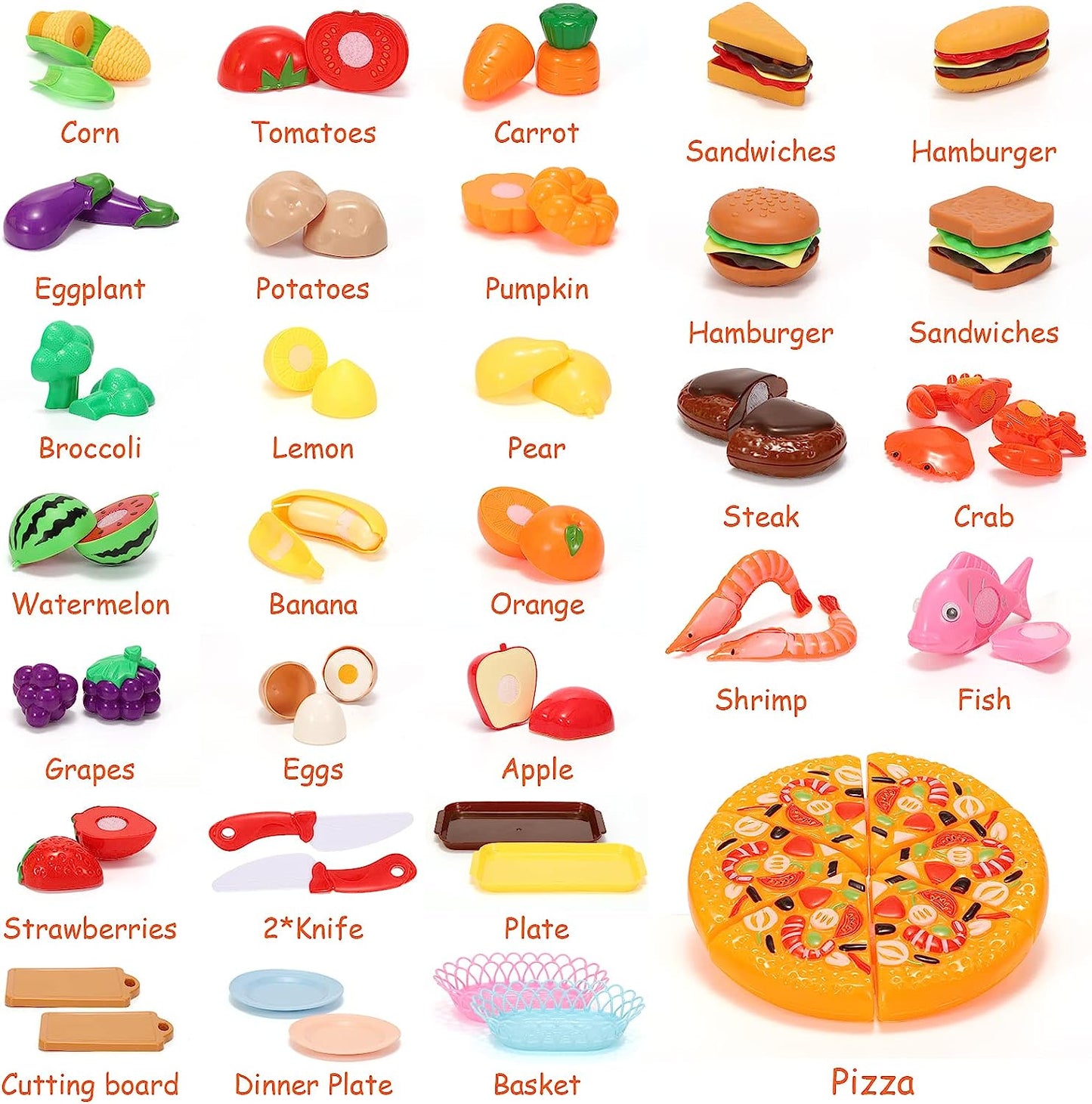 Play Food Toy Kitchen Set Pretend Food for Kids,85 PCS Cutting Toy Fake Food with Fruit Veggies,Pizza and Storage Bag,Play Kitchen Accessories Educational Toy for Toddlers