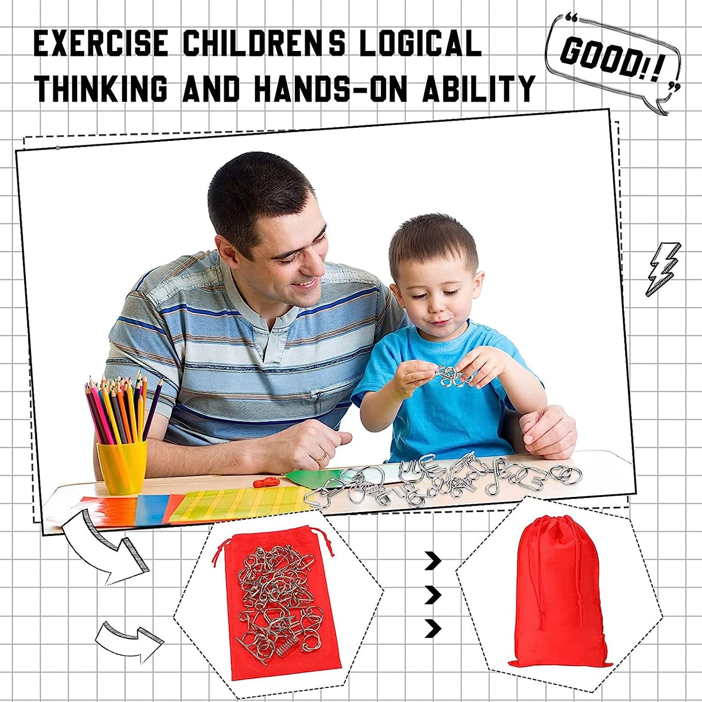 Luban Lock Educational Intelligence Toy, Brain Teaser Wire Puzzle, Intelligence Test, Suitable for Children Teens and Adults(C-30PCS)