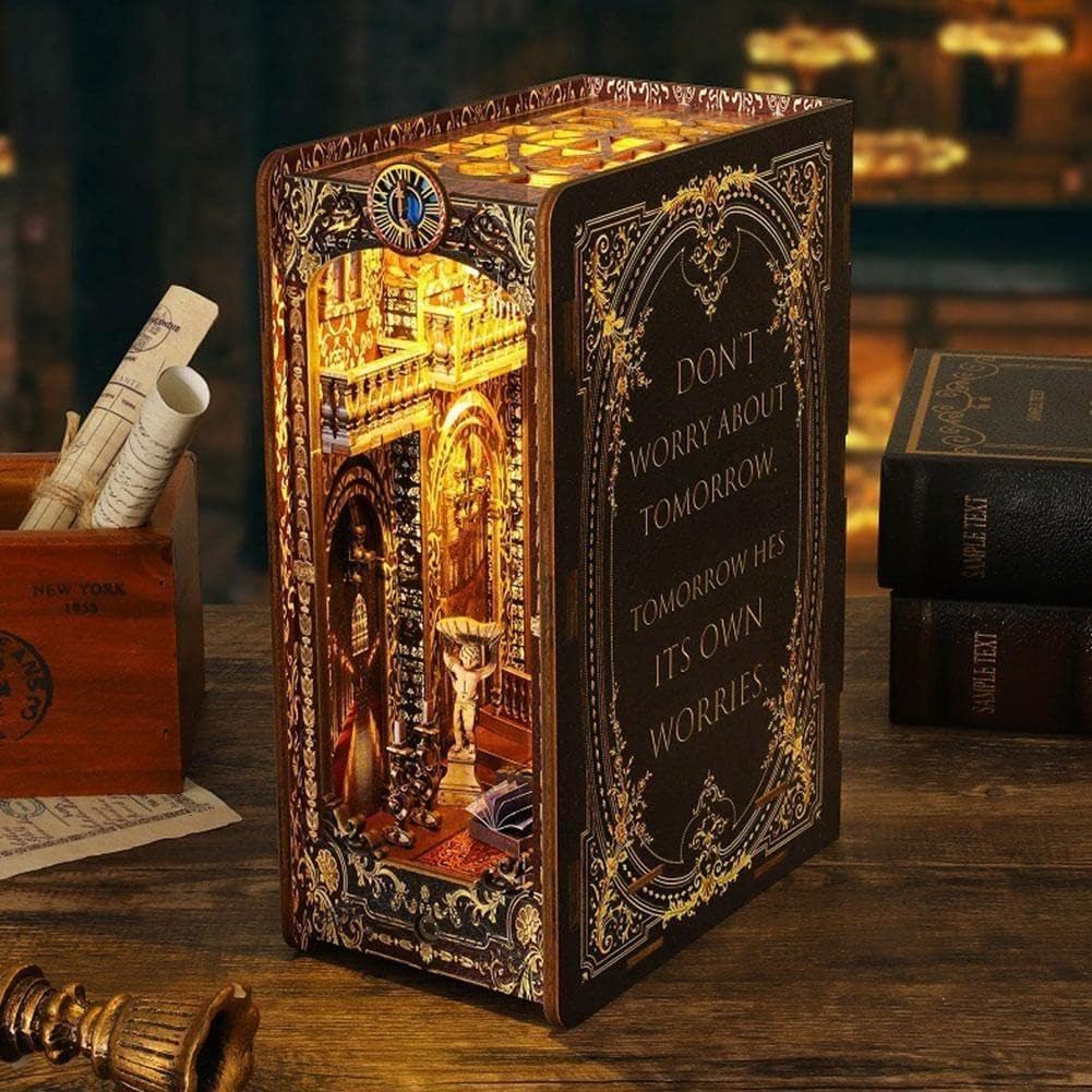Wooden Book Nook Shelf Insert Kits Miniature Books 3D Crafts Bookends Puzzle Decoration Wooden Handmade Church