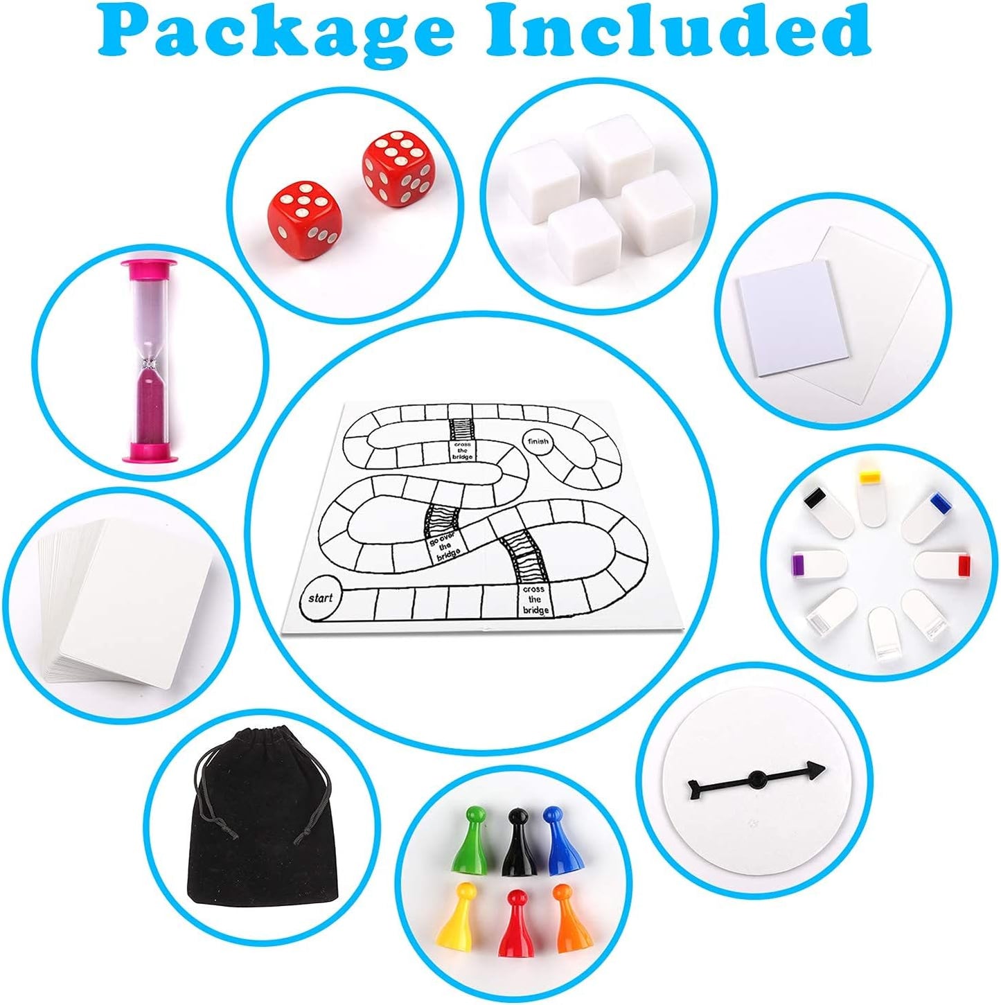 Blank Create Your Own Board Game DIY 143 Piece Set: Blank Game Board, Spinner, Playing Cards, Dice, Notepad, Timer, Pawns, Drawstring Bag, Rule Sheet, Player Pieces, and Storage Box