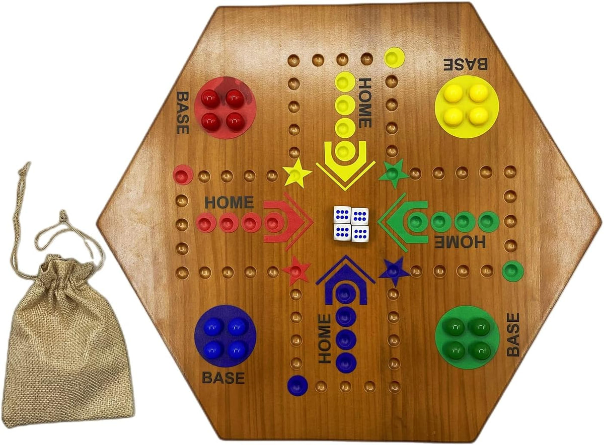 Solid Pine Marble Board Game Wahoo Board Game Double Sided Painted 15" Wooden Fast Track Board Game Set for 6 and 4 Players with 6 Colors 30 Glass Marbles 6 Dice for Kids Friends Family Game Party