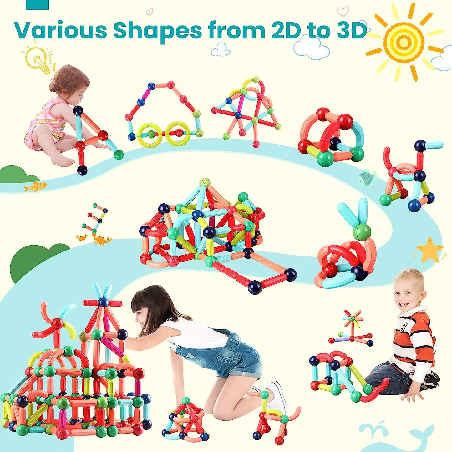 160PCS Magnetic Building Blocks for Kids Ages 4-8, STEM Construction Toys for Boys and Girls, Large Size Magnetic Sticks and Balls Game Set for Kid’s Early Educational Learning