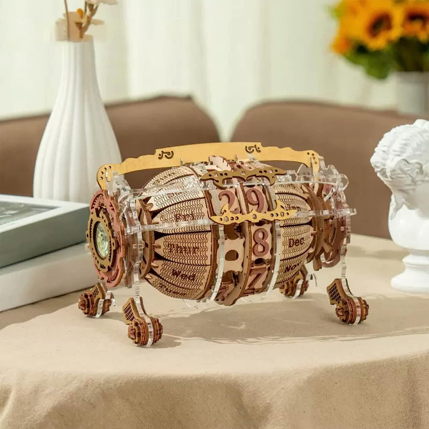 3D Wooden Puzzle Calendar & Clock Model Kit for Adults to Build Time Engine Calendar Statues Sculpture Decor Desktop Ornament (Khaki, One Size)
