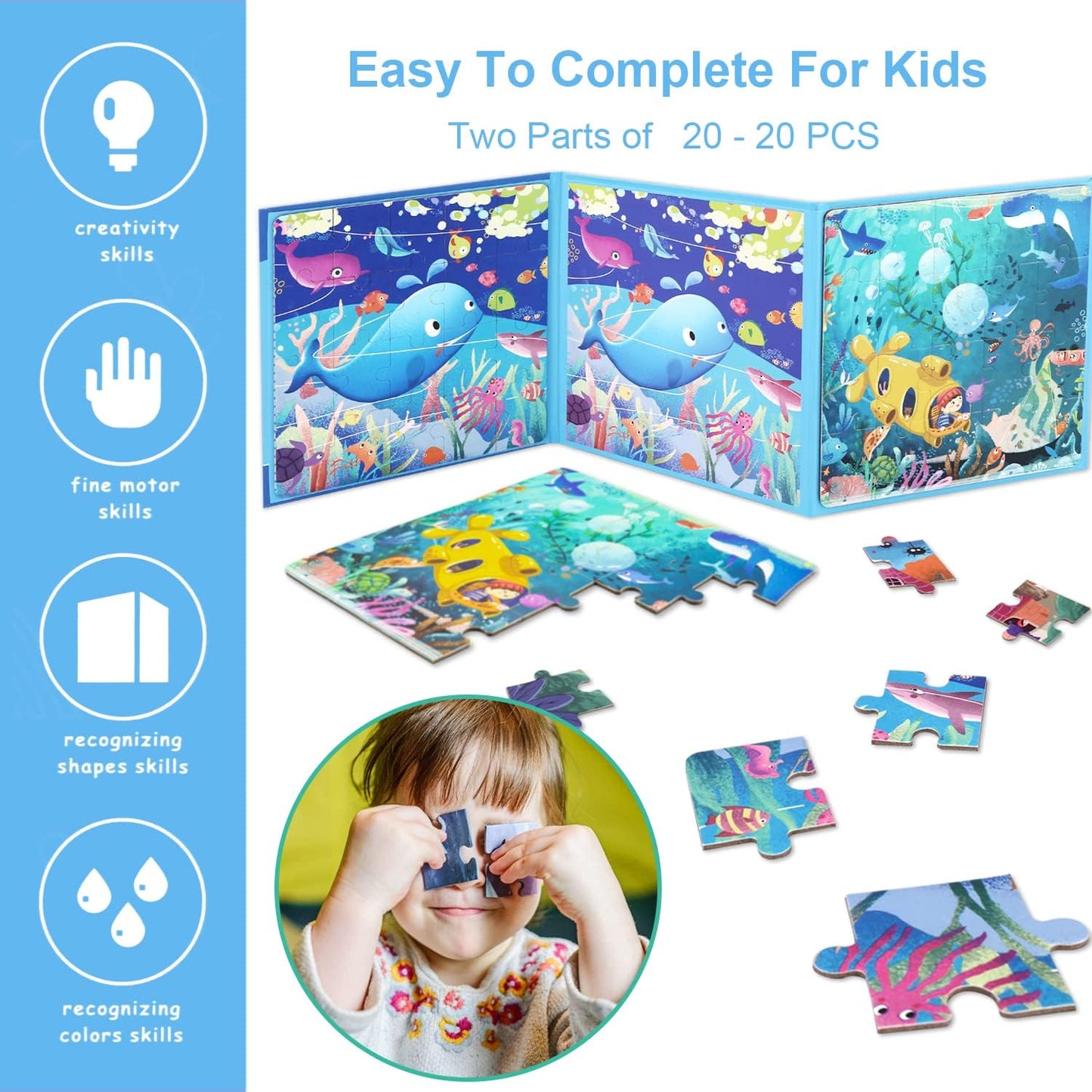 Magnetic Puzzles for Kids Ages 3 4 5, Mermaid Animal Wooden Jigsaw Puzzles Book for Toddlers, Travel Games, Underwater World Preschool Educational Learning Toys for 3 4 5 Year Old Boys and Girls