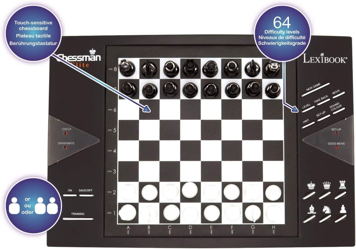 CG1300 ChessMan Elite Interactive electronic chess game, 64 levels of difficulty, LEDs, battery powered, black / white