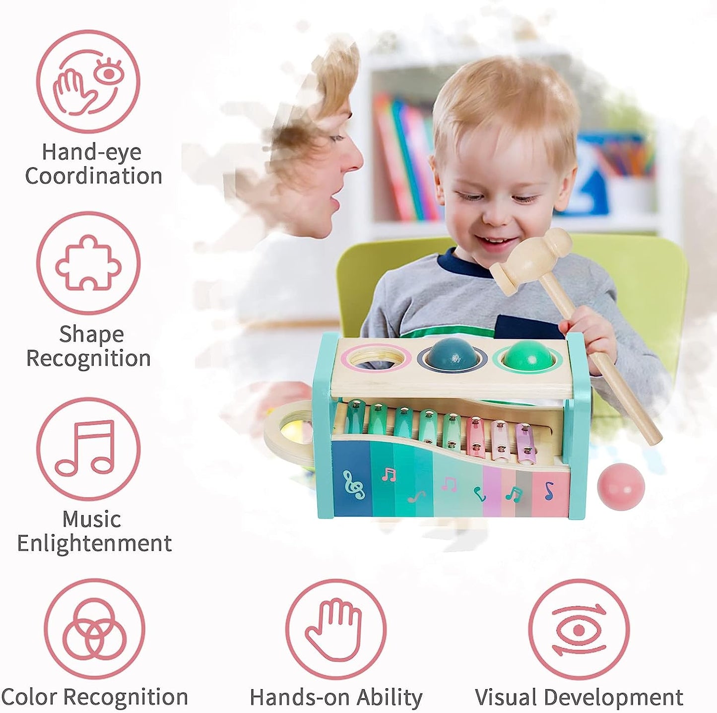 Musical Pounding Toy for Educational Play, Wooden Baby Musical Toys with Hammer and Slide Out Xylophone for Toddlers