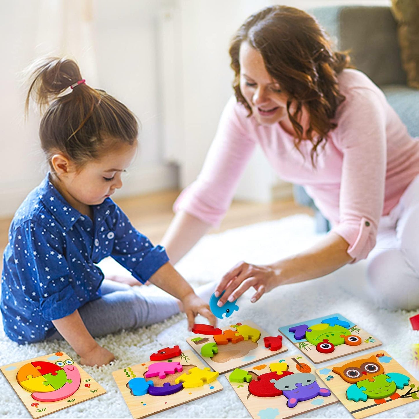 Wooden Animal Puzzles for 1 2 3 Years Old Boys Girls, Toddler Educational Developmental Toys Gift with 6 Animals Baby Color Shapes Learning Puzzles