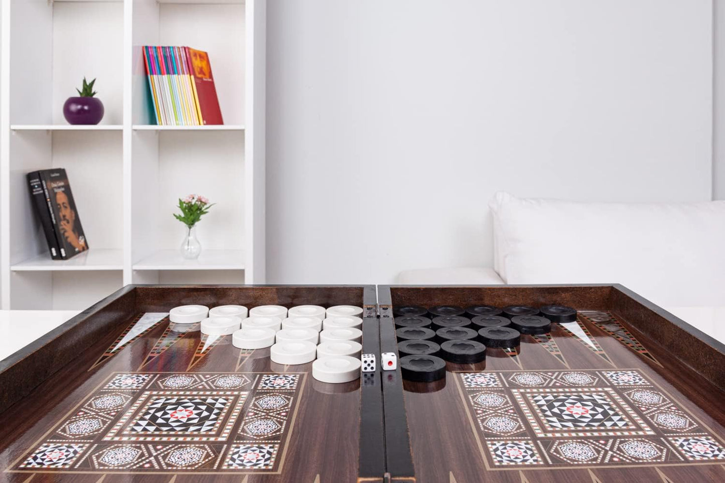 Turkish Backgammon Board Game Set - 19'' Games for Adults with Polished Wooden & Elegant Mosaic Design for Classic Fun - Travel Games for Family, & Couples Entertainment (Pearl)