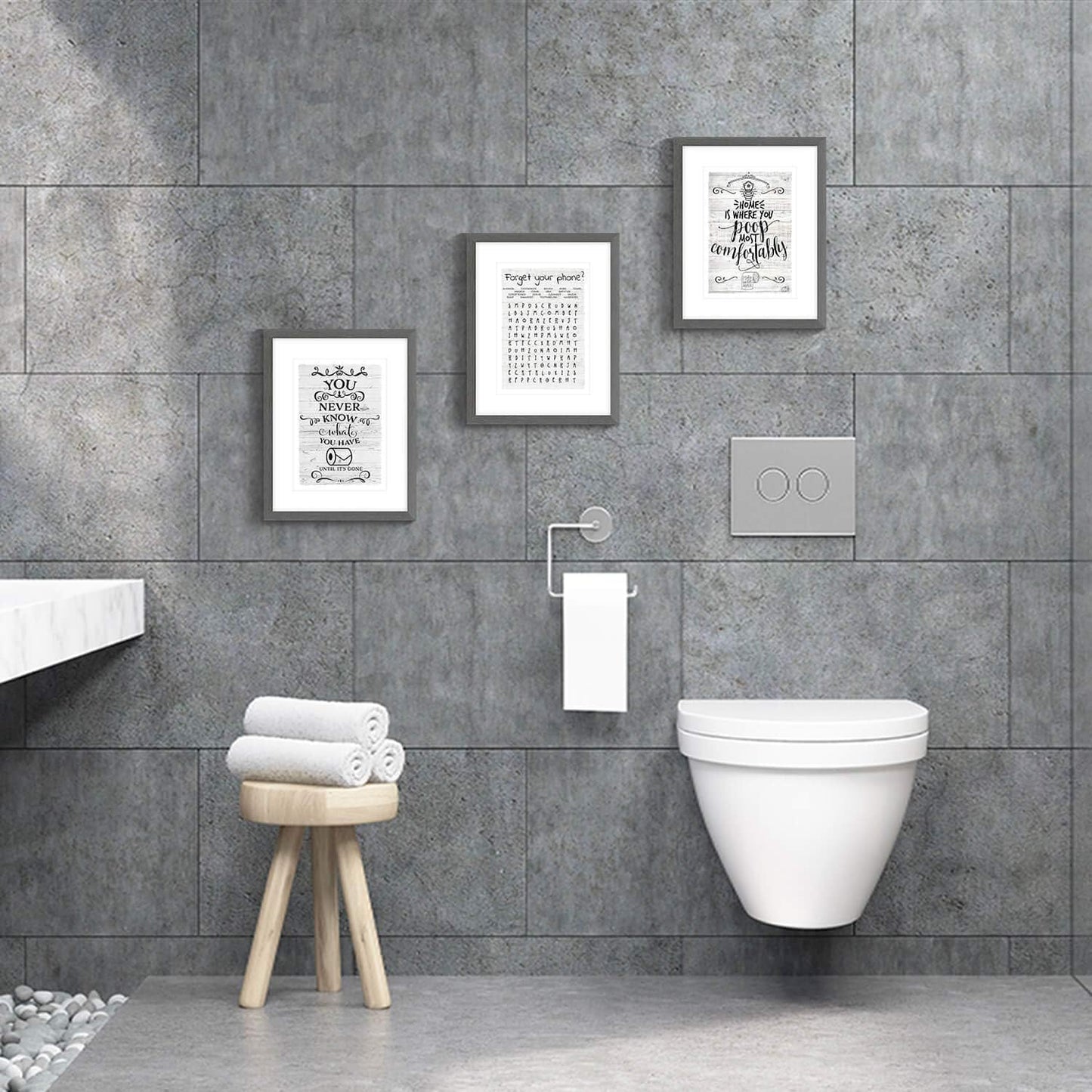 Humorous Bathroom Quote & Saying Art Prints - Wooden Framed Funny Bathroom Word Search Puzzle Games Wall Art Signs with Gold Foils set of 3 (11''x14'')
